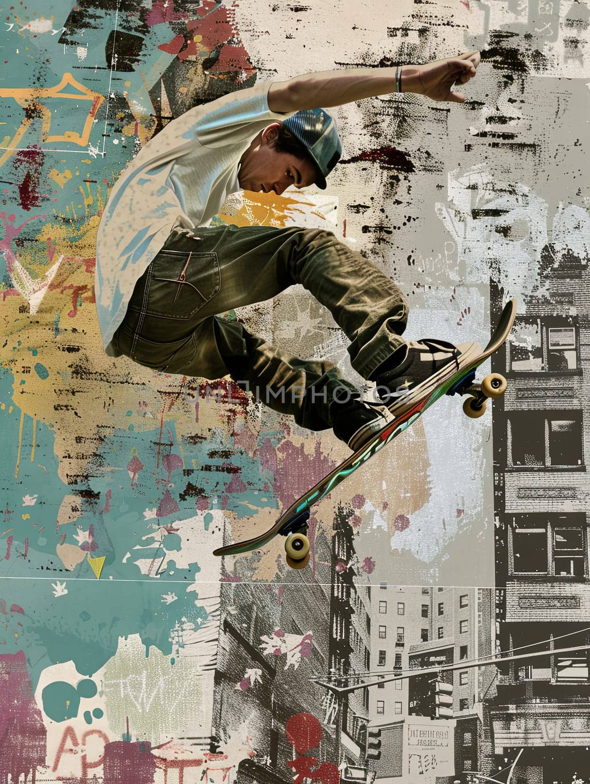 A man is airborne while riding a skateboard, showcasing skill and agility in urban surroundings. Generative AI by AnatoliiFoto