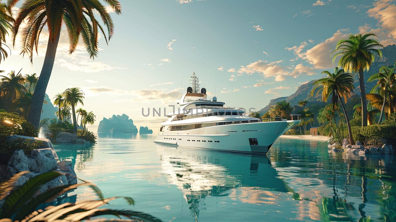 A luxurious white yacht gracefully glides across the calm water of a tranquil lagoon, framed by lush palm trees swaying in the gentle breeze.