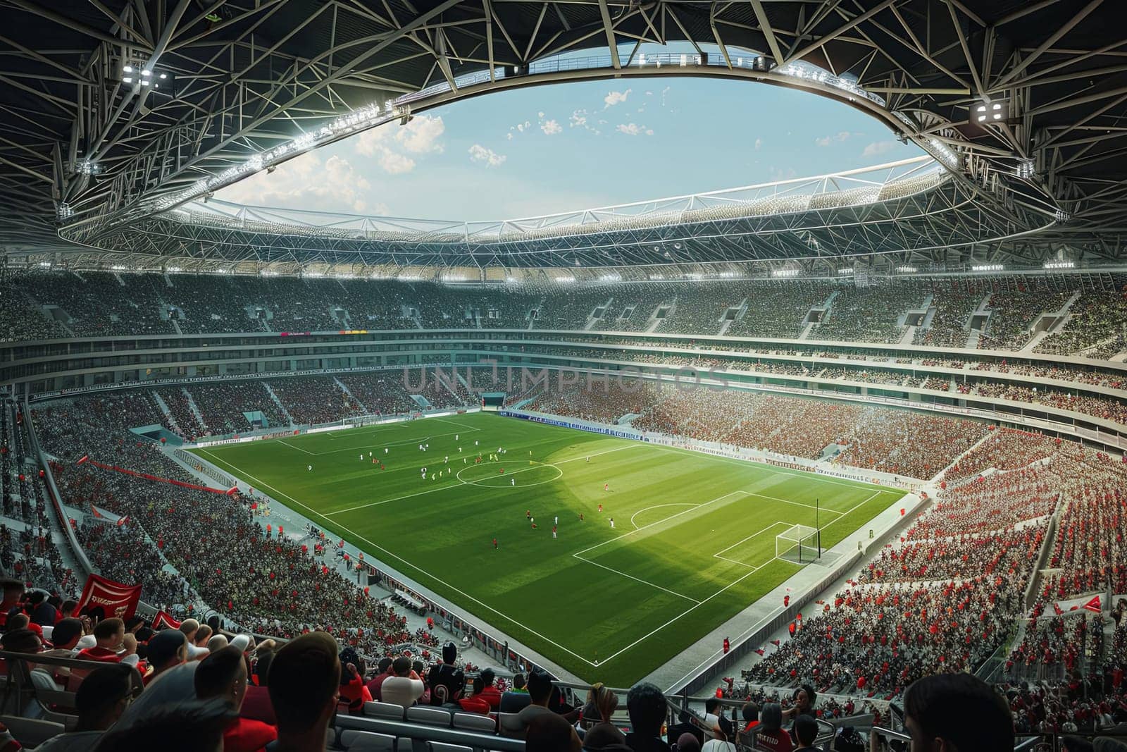 A packed stadium with a football field and excited fans cheering during a match. Generative AI by AnatoliiFoto