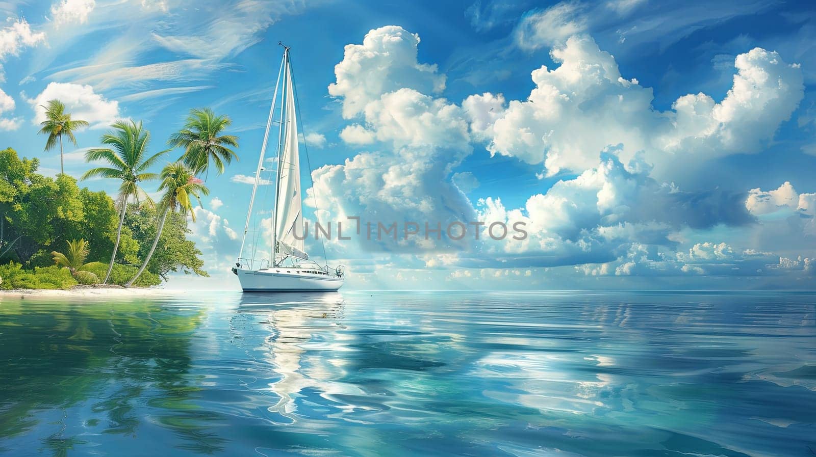 A sailboat glides serenely on crystal-clear waters near a tropical island dotted with lush palm trees.