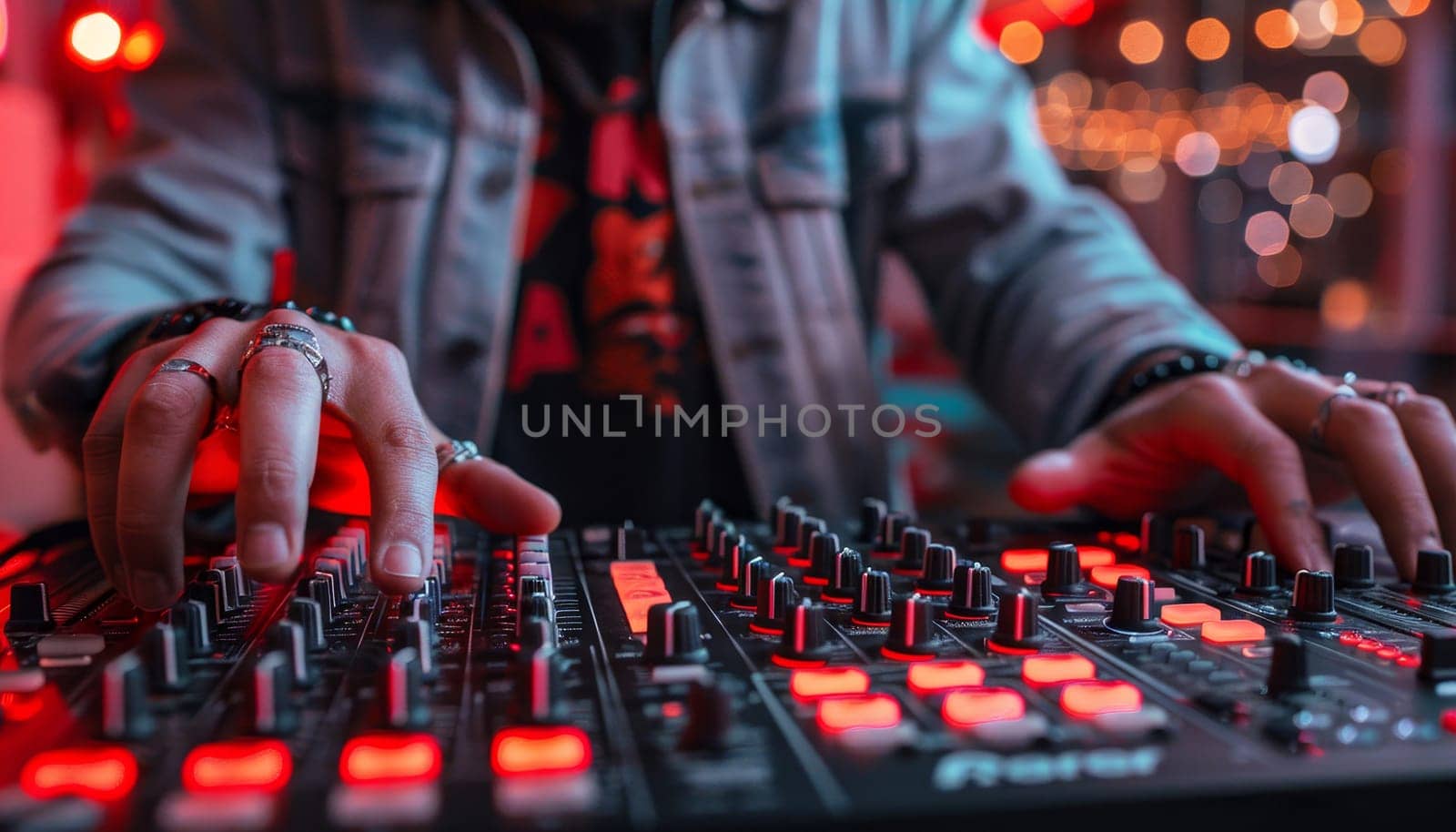 A man is playing a keyboard with red lights by AI generated image.