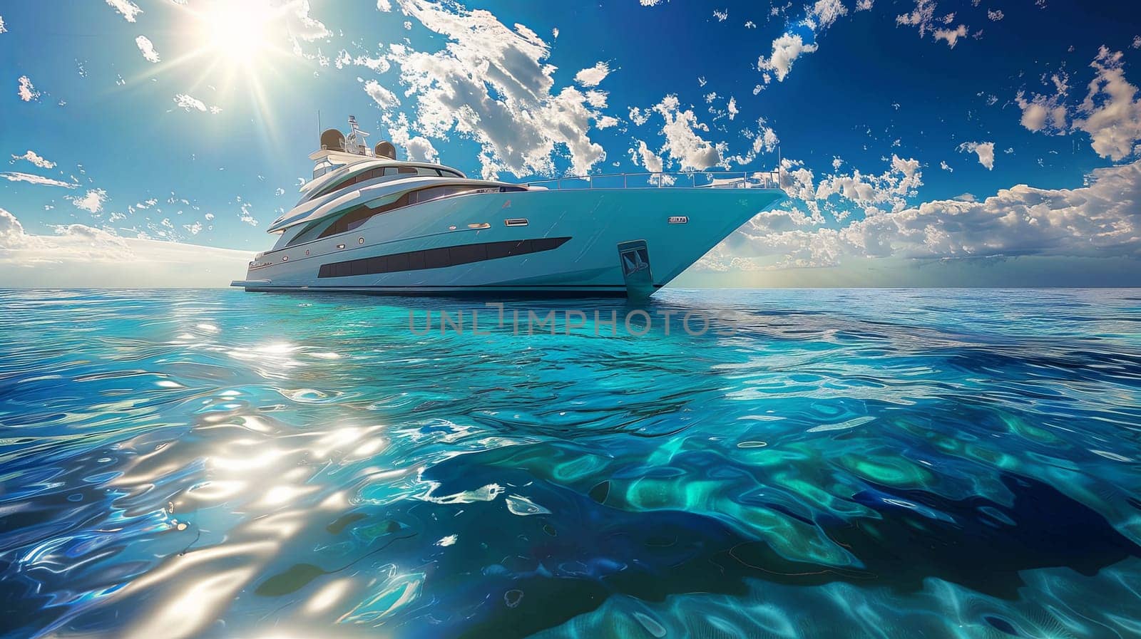 A luxurious white yacht peacefully glides across the tranquil lagoon, reflecting the clear blue sky on the pristine water below.