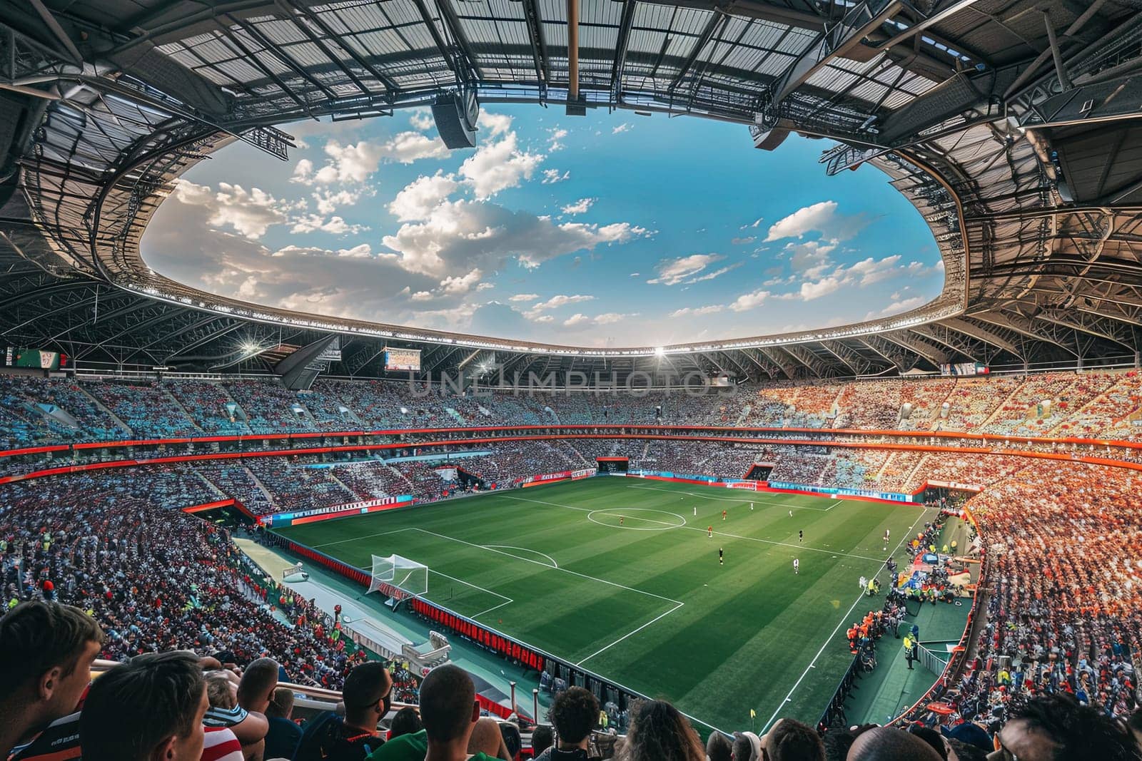 A bustling stadium filled with enthusiastic fans watching a soccer game on the field. Generative AI by AnatoliiFoto