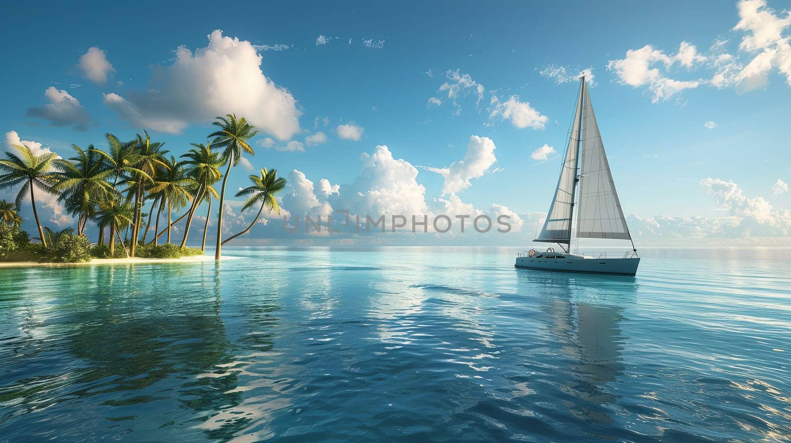 A serene scene of a sailboat gracefully gliding through the ocean with lush palm trees in the background.