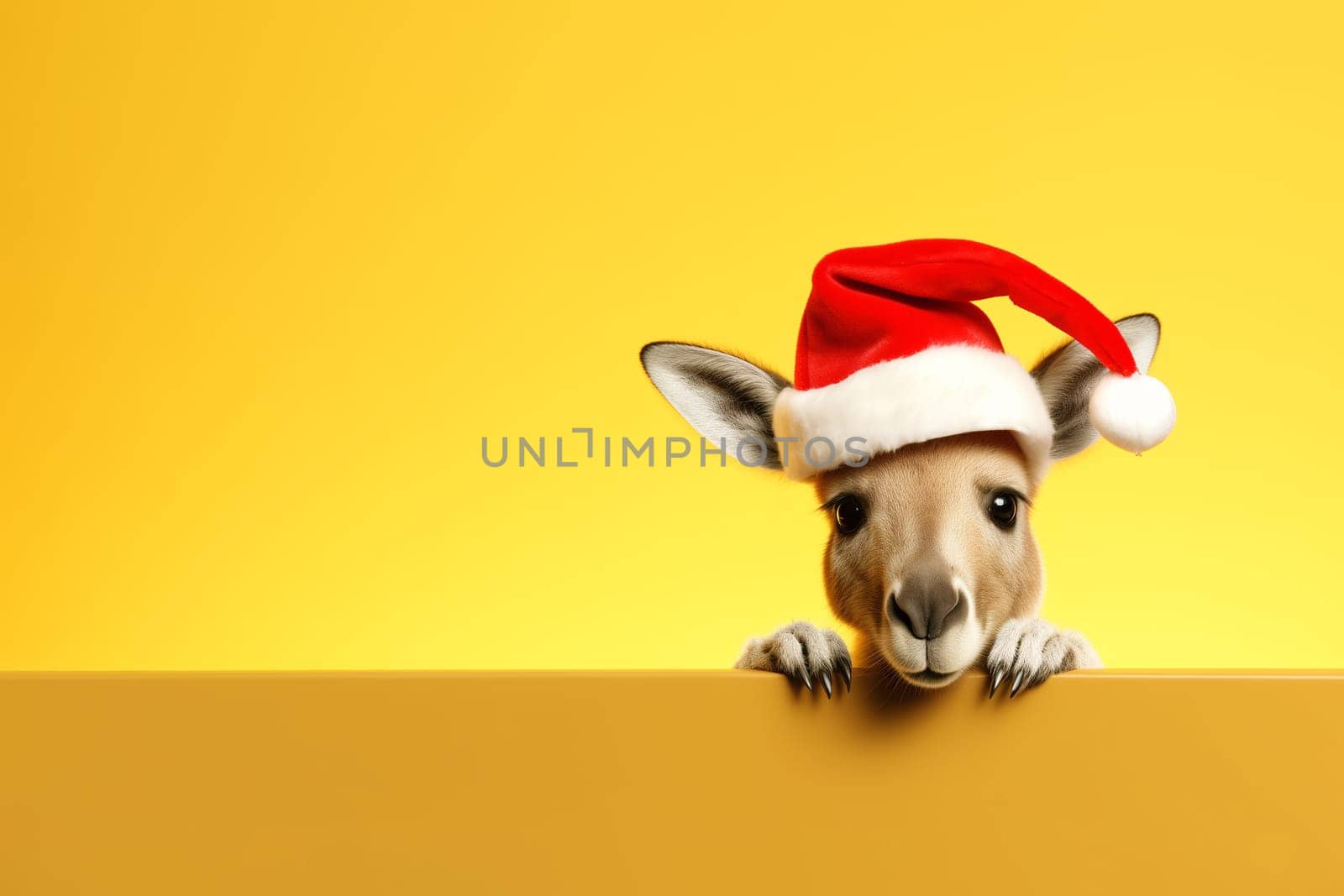 A funny kangaroo in a red cap of Santa Claus on bright yellow background. Banner with kangaroo and free space. Christmas or new year concept