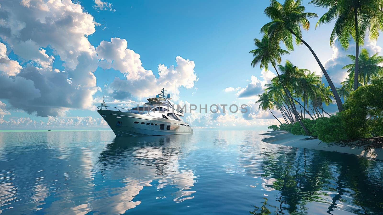 A luxurious yacht peacefully cruising through a calm lagoon, surrounded by lush palm trees on the shore.