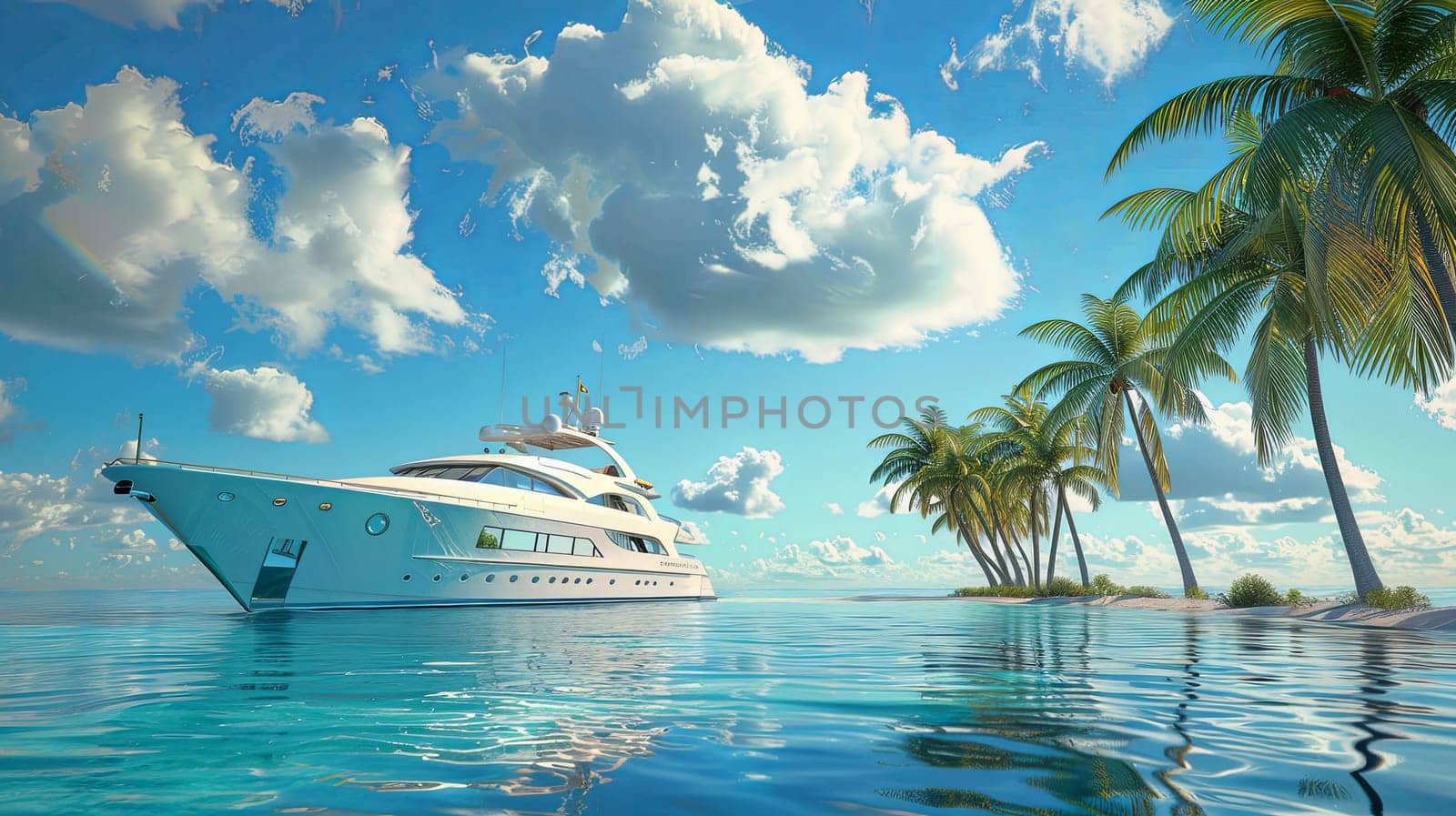 A grand, white yacht gracefully glides through a tranquil lagoon, surrounded by lush palm trees and clear waters.