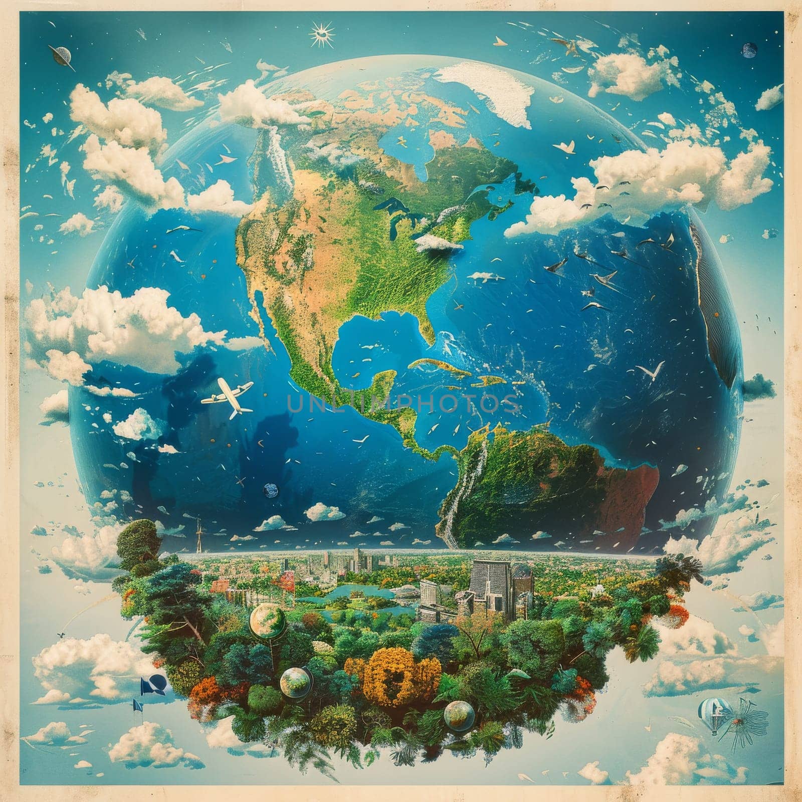 A colorful painting of the earth with a city in the middle. The painting is titled The Earth and is a representation of the planet's beauty and diversity