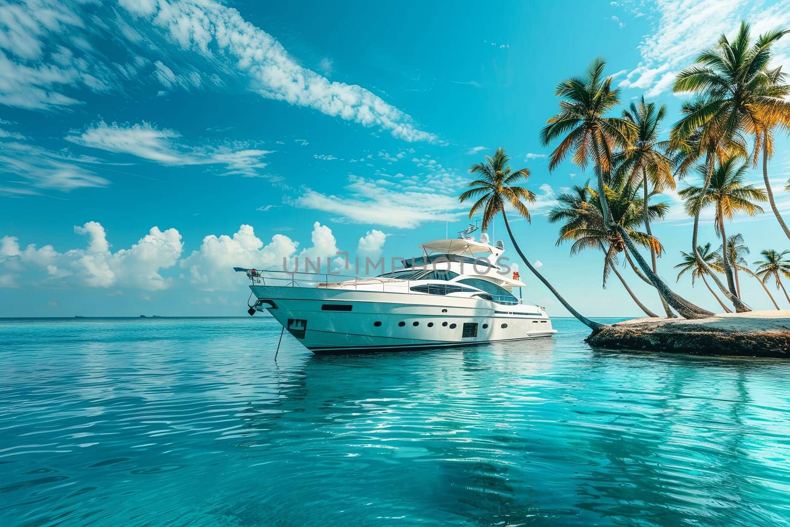 A luxurious yacht peacefully glides through a serene lagoon, surrounded by swaying palm trees.