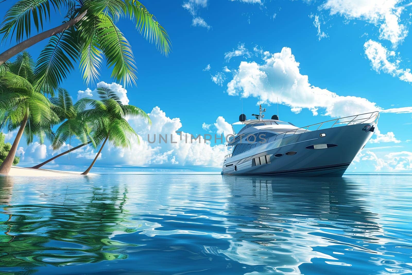 A large white yacht gracefully glides across a calm body of water, surrounded by the tranquility of a quiet lagoon with lush palm trees lining the shore. Generative AI by AnatoliiFoto