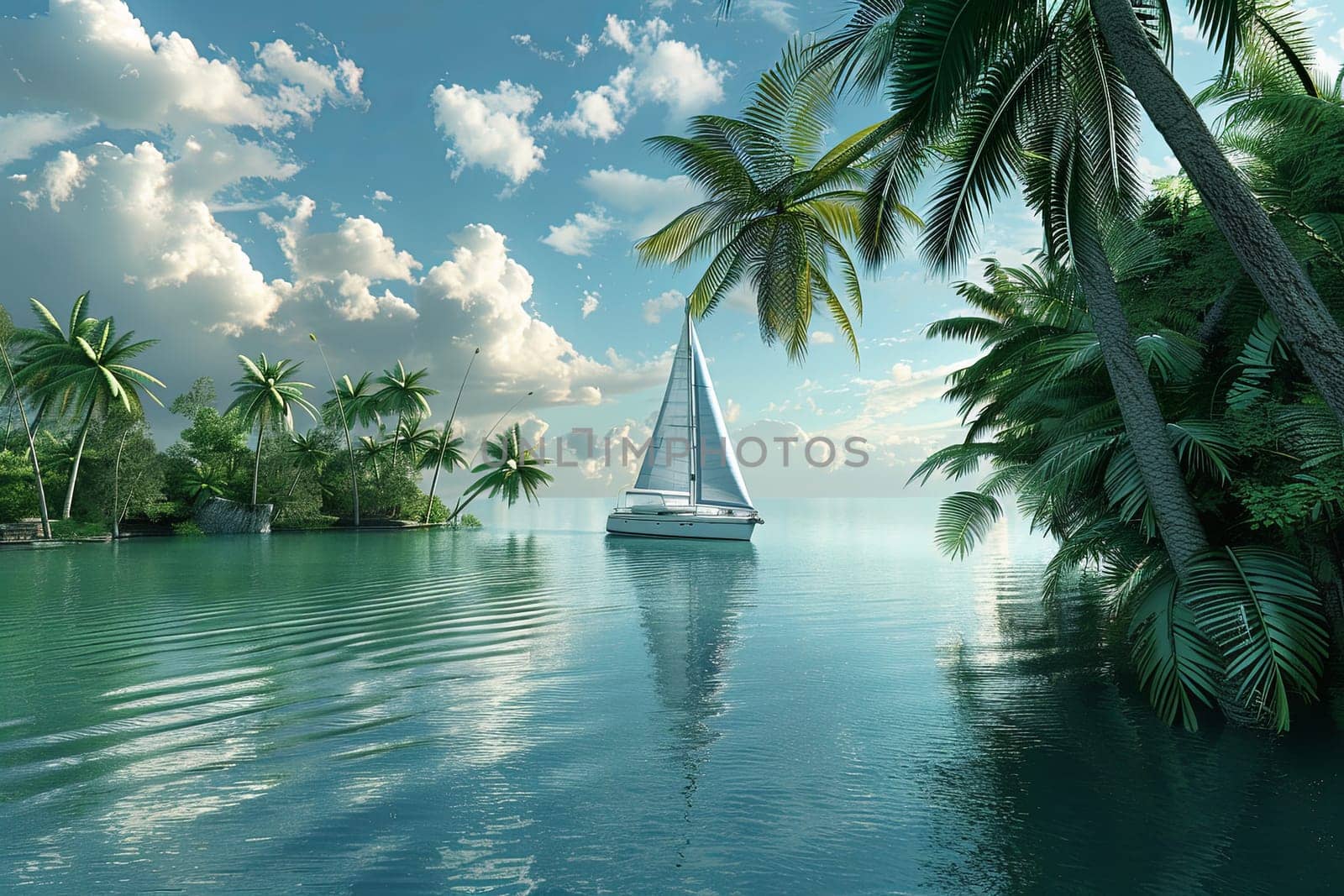 A sailboat peacefully floats on a serene lake, encompassed by lush palm trees, exuding tranquility and elegance.