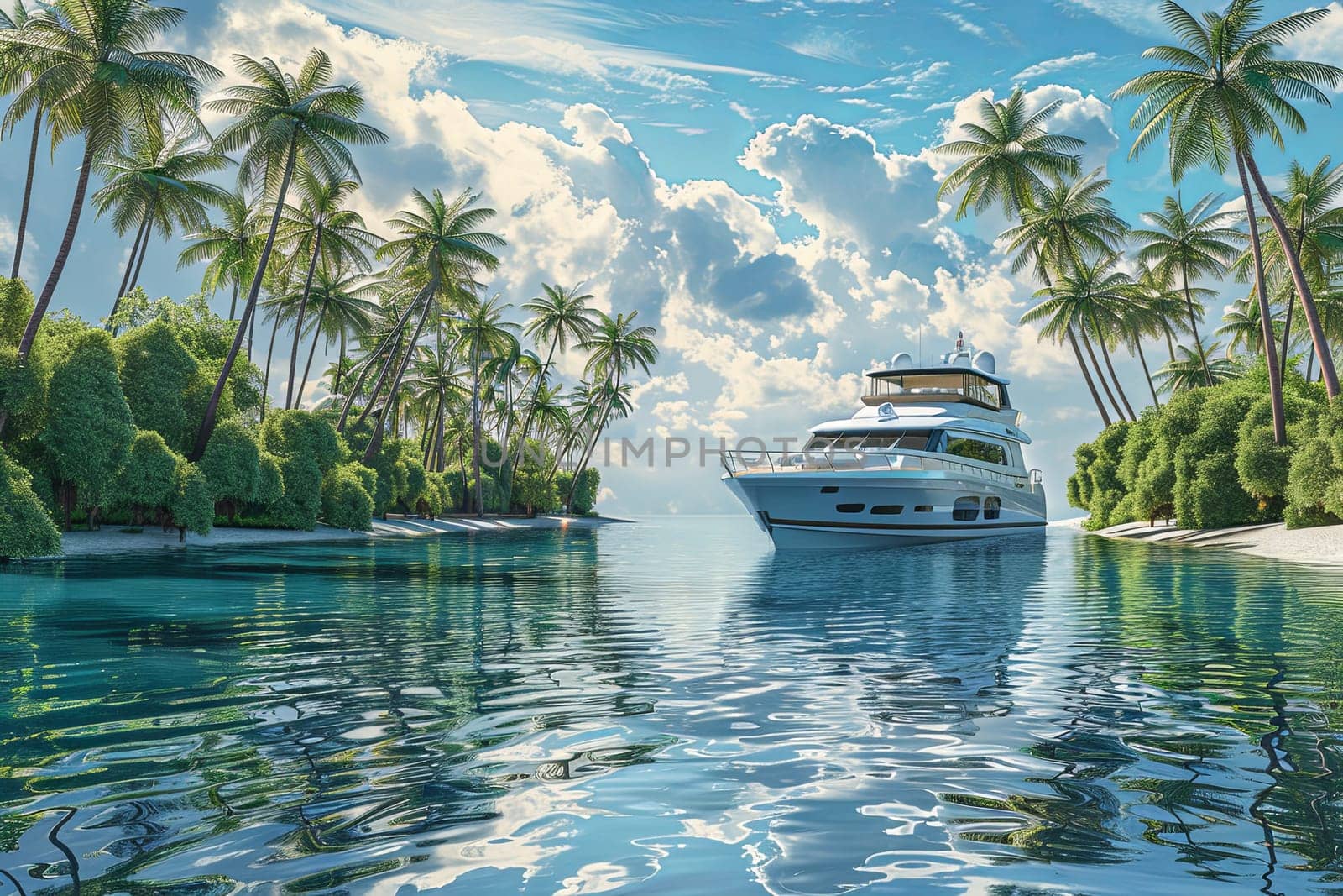 A grand cruise ship sails gracefully through the turquoise waters of the ocean, surrounded by lush palm trees swaying in the gentle breeze.