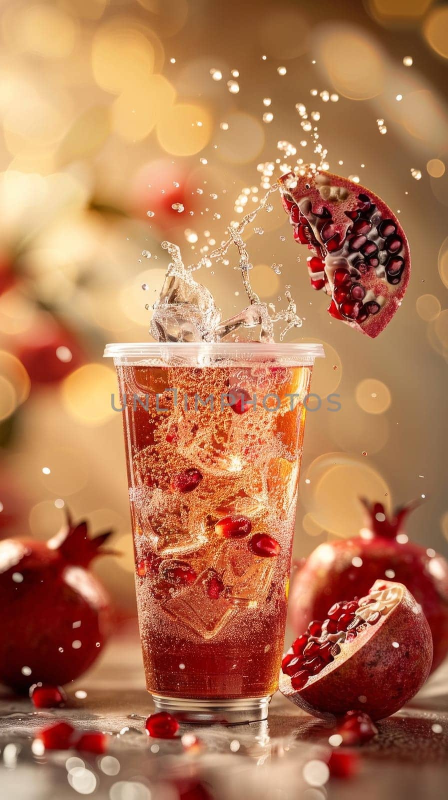 A glass of iced tea with a garnish of pomegranate slices. The drink is served in a tall glass with ice cubes and a garnish of pomegranate slices