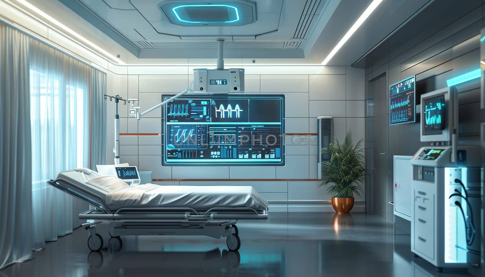 A hospital room with a bed, a plant, and a monitor by AI generated image.