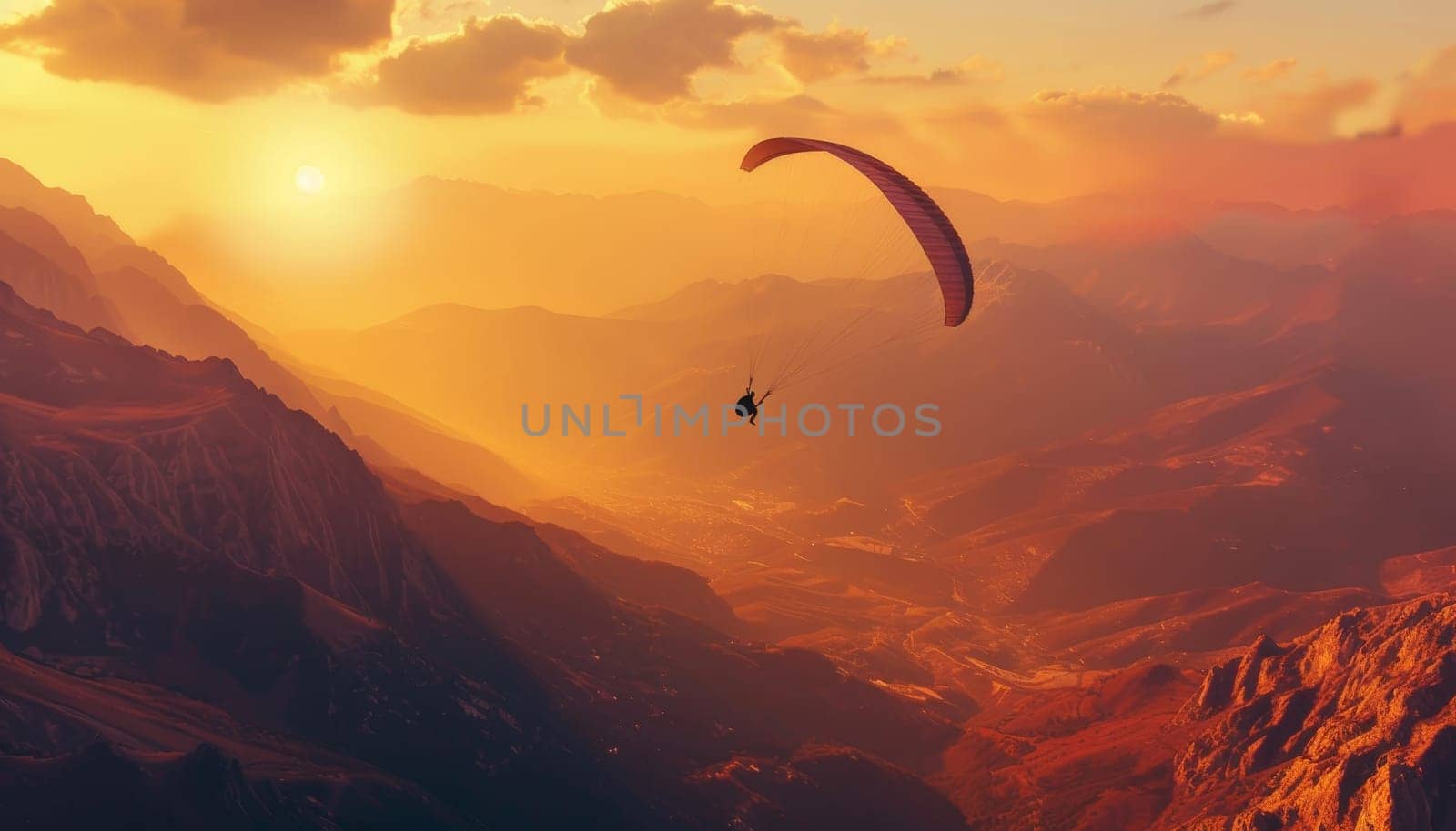 A man is flying a parachute over a mountain range by AI generated image by wichayada