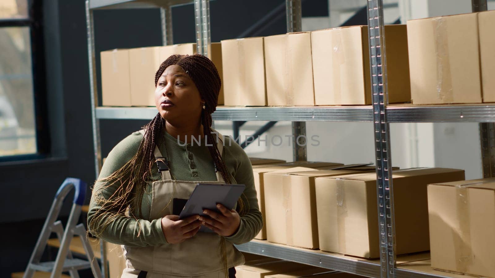 BIPOC warehouse sorter performing inventory counting, keeping quality standards high. Productive expert in repository preparing to ship parcels, crosschecking shippment info