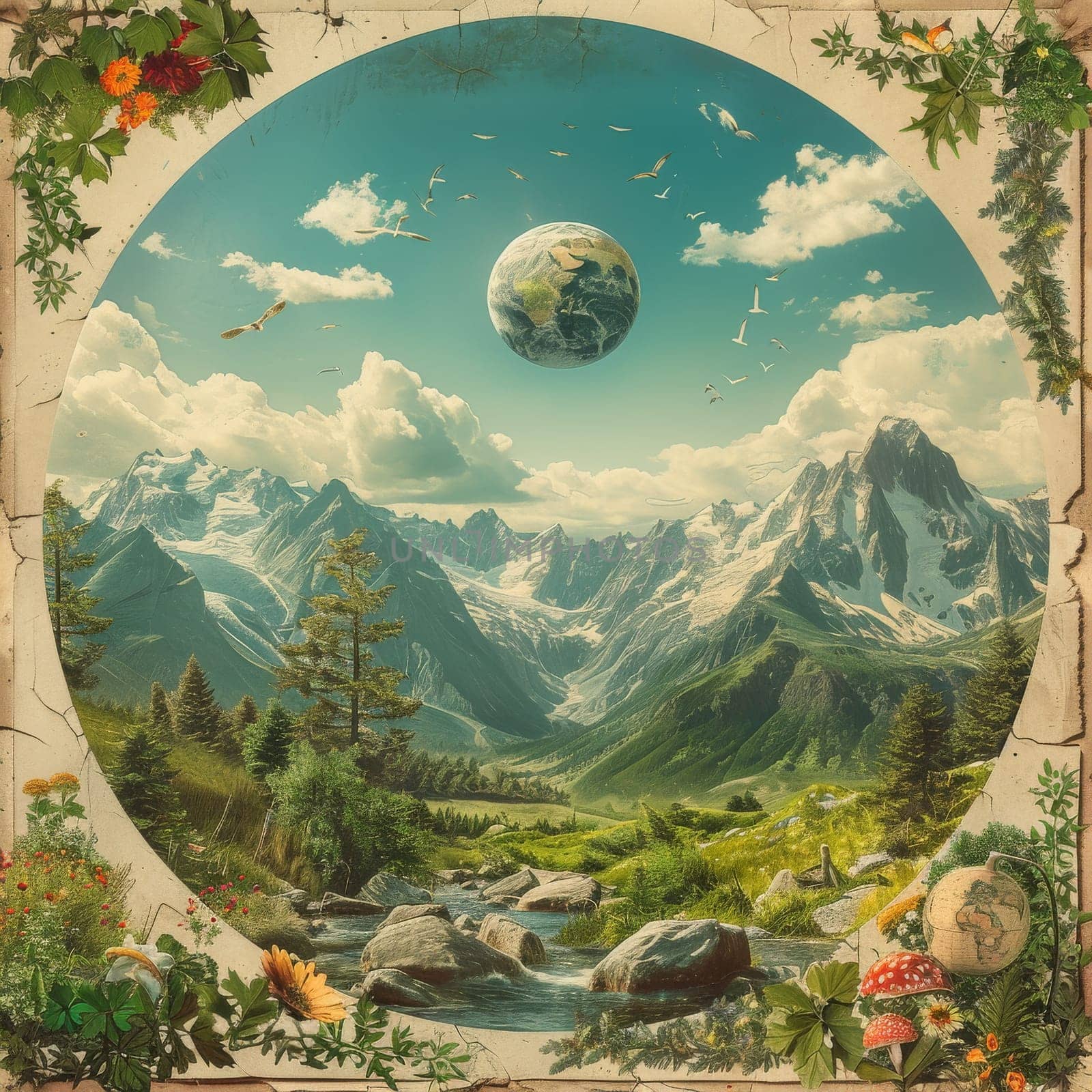 A painting of a mountain landscape with a large planet in the sky. The painting is titled The Earth and is a representation of the beauty and vastness of the universe