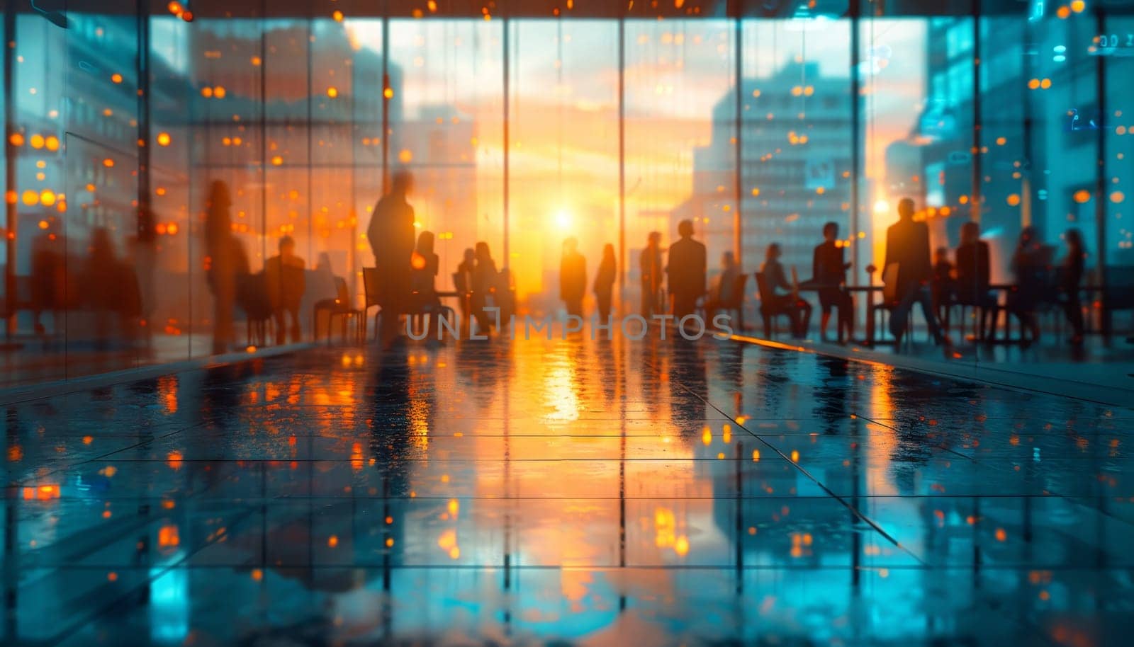 A group of people are standing in a large room with a view of the city by AI generated image.