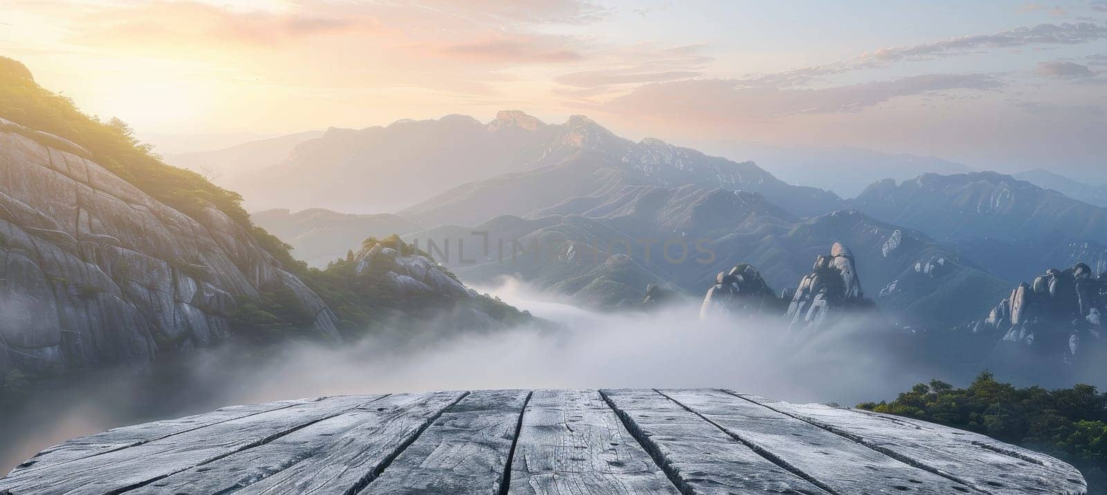 A wooden table with a view of mountains in the background by AI generated image.