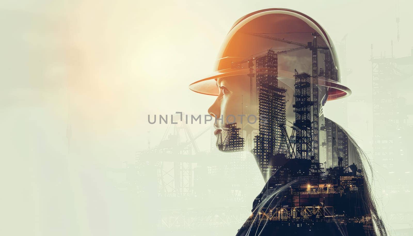 A woman wearing a hard hat is looking out over a city by AI generated image.