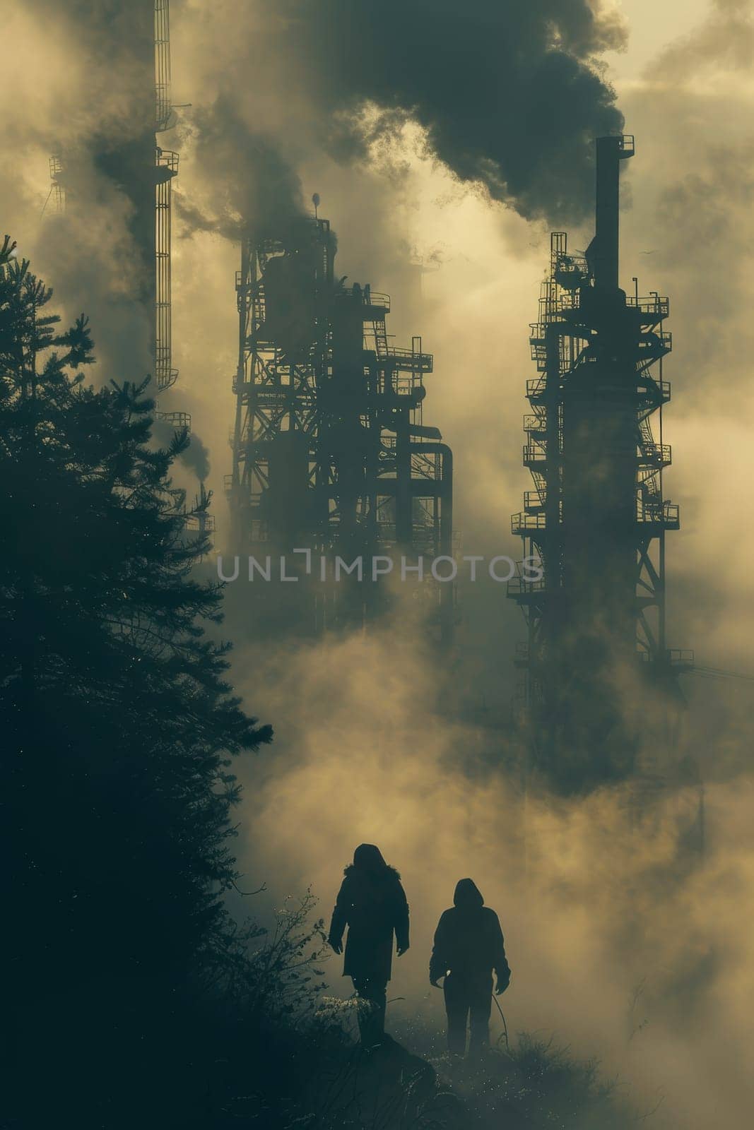 A group of people walking down a street with a foggy atmosphere by AI generated image.