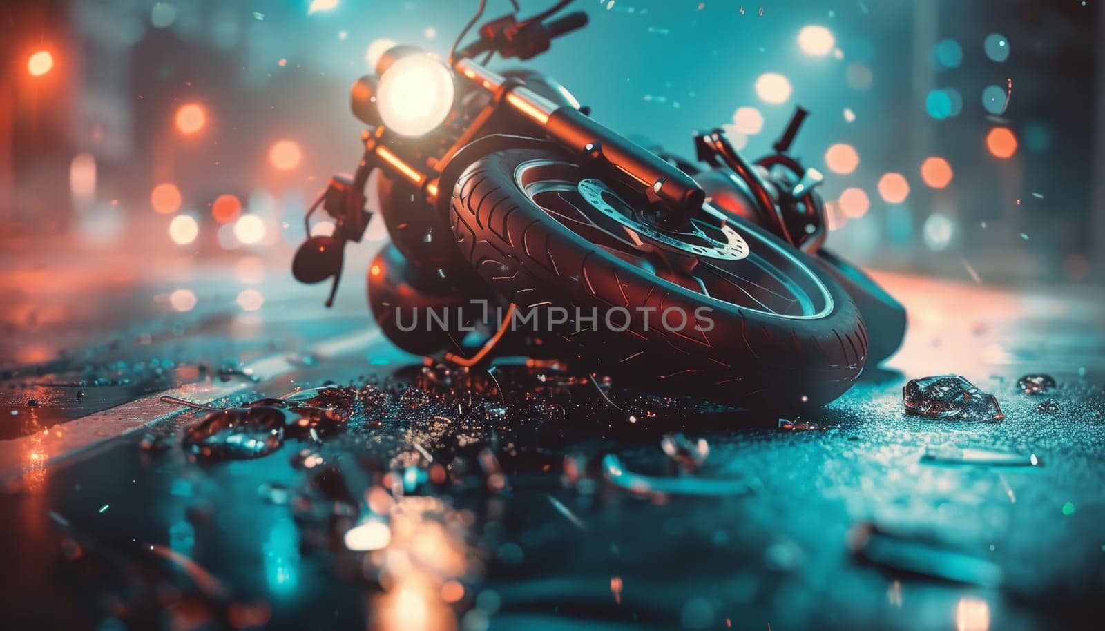 A motorcycle is laying on the road next to a car by AI generated image by wichayada