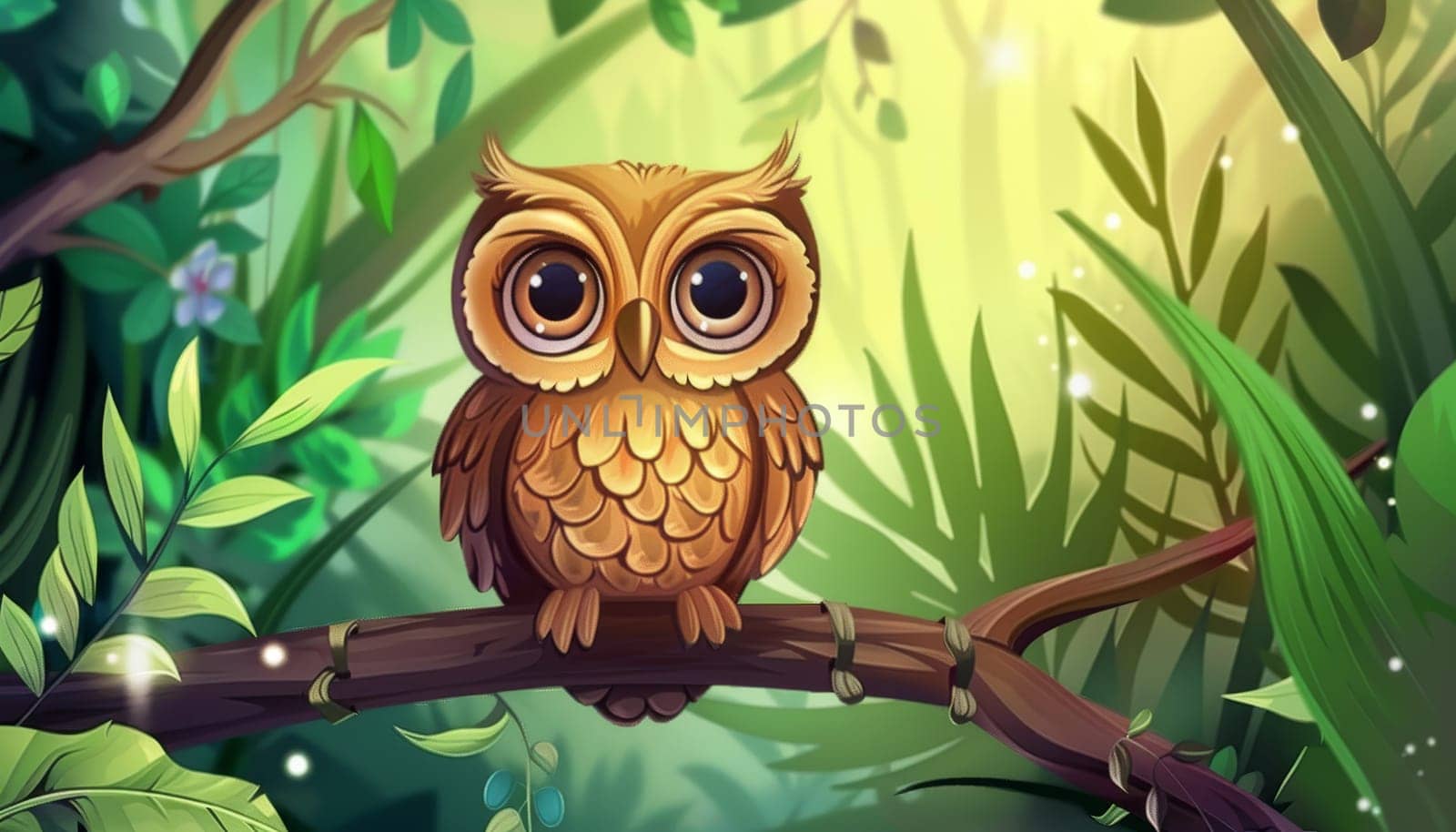 A cartoon owl is perched on a branch with leaves and berries by AI generated image by wichayada