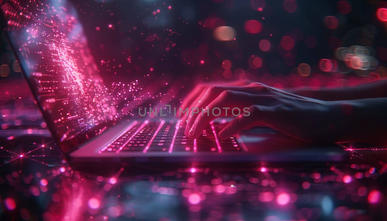 A person is typing on a laptop with a pink background by AI generated image.