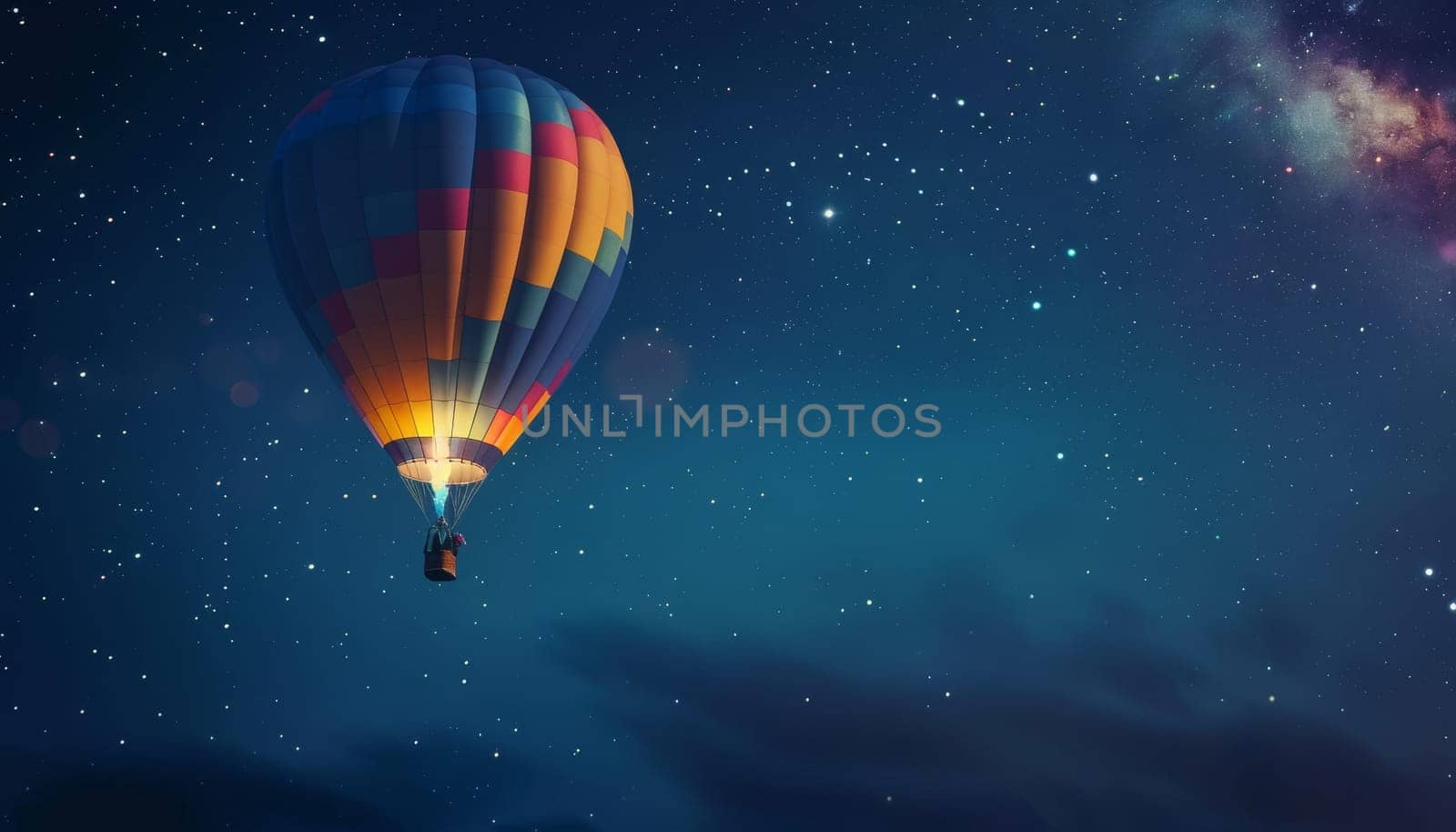 A colorful hot air balloon is floating in the sky above a starry night by AI generated image by wichayada