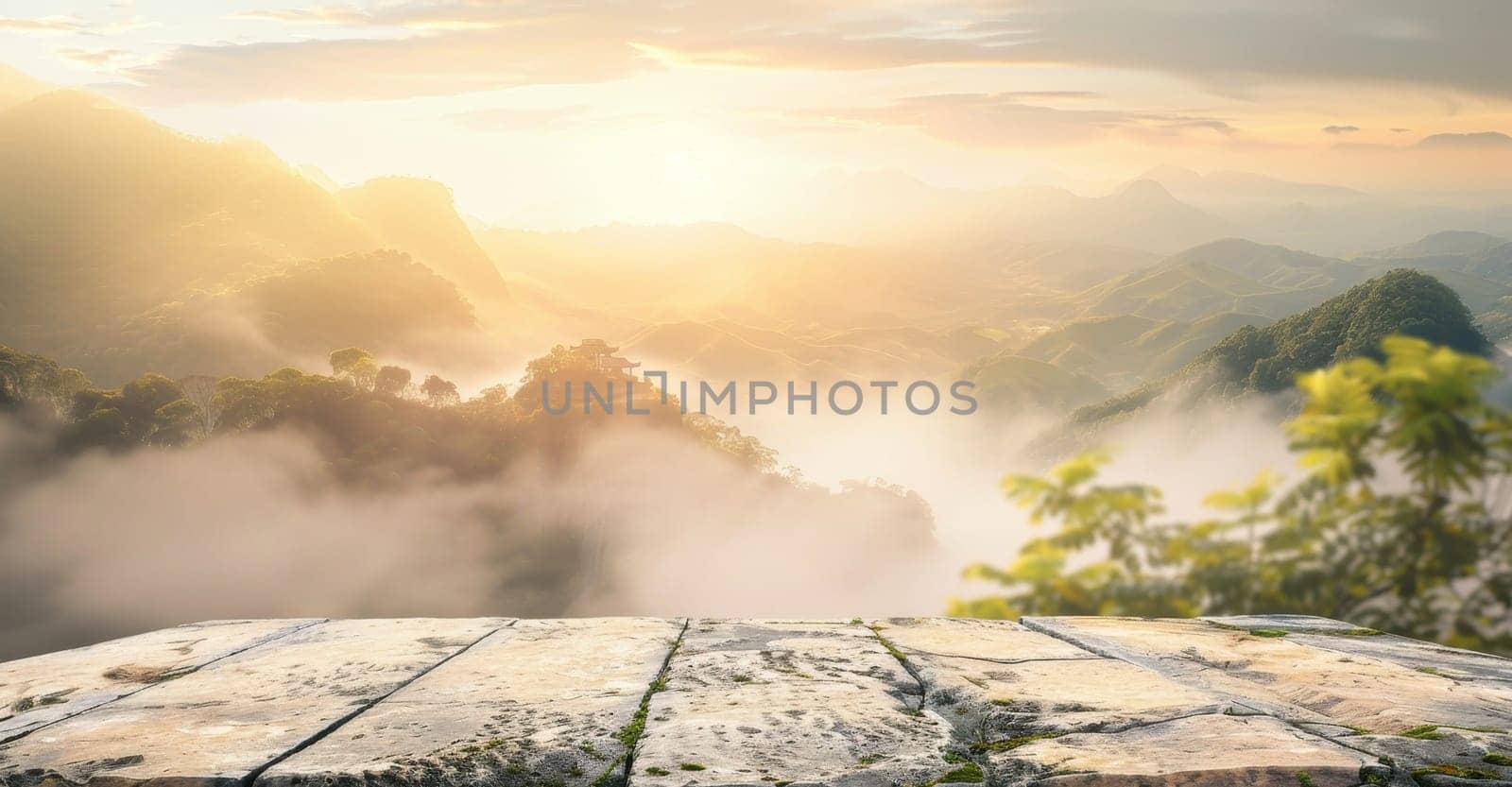 A wooden table with a view of mountains in the background by AI generated image.