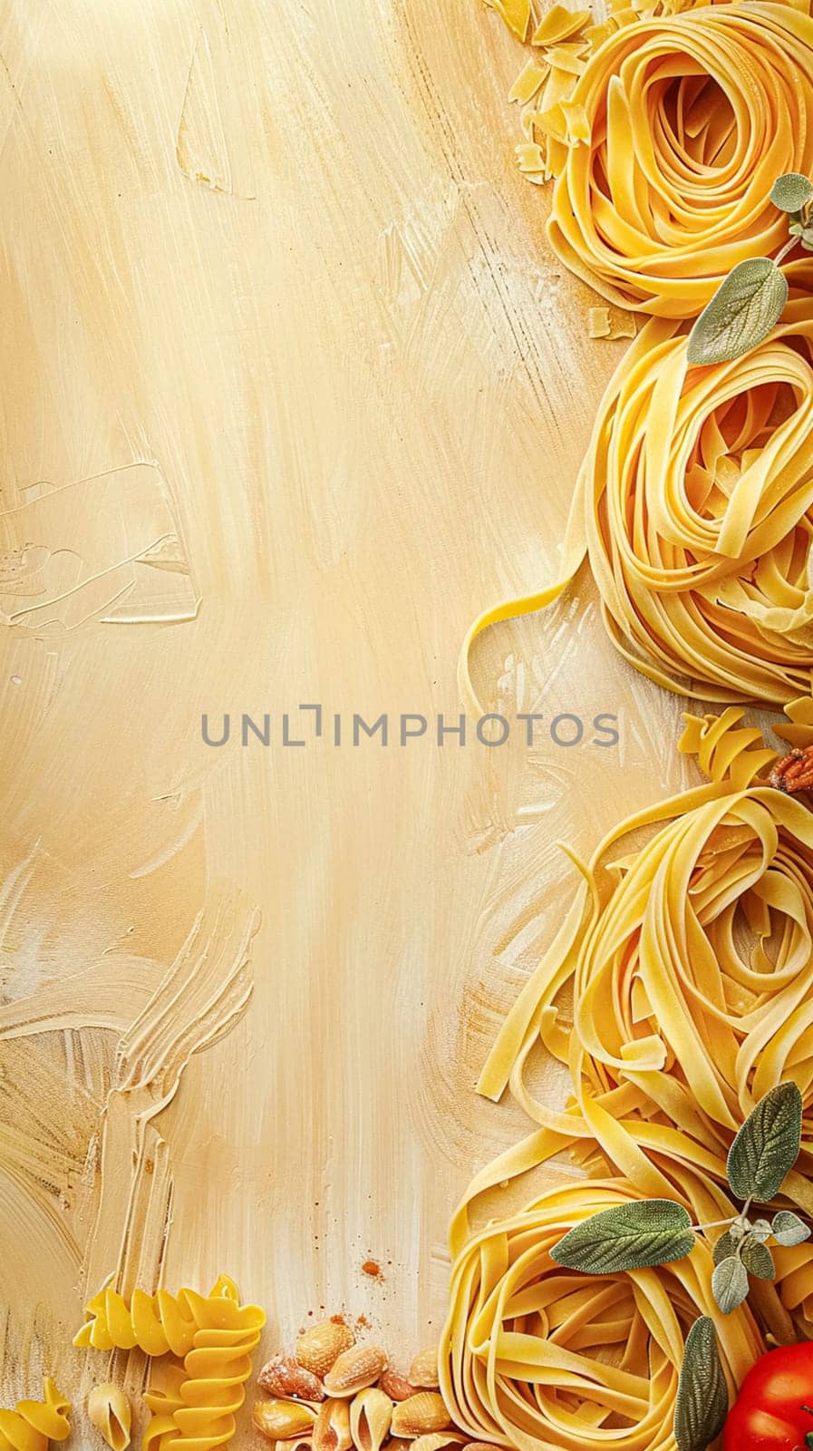 Pasta recipe preparation flatlay background with ingredients, spaghetti, olive oil, garlic, tomatoes and spices in the kitchen, homemade food recipe idea