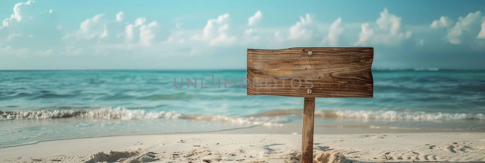 A wooden sign is on the beach next to the ocean by AI generated image.