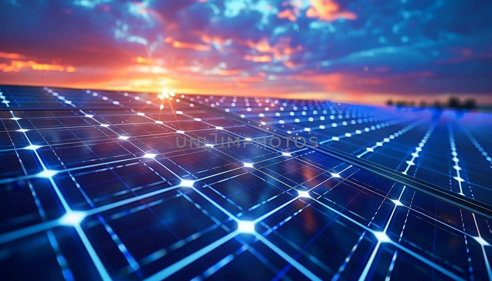 A solar panel with a sunset in the background by AI generated image.