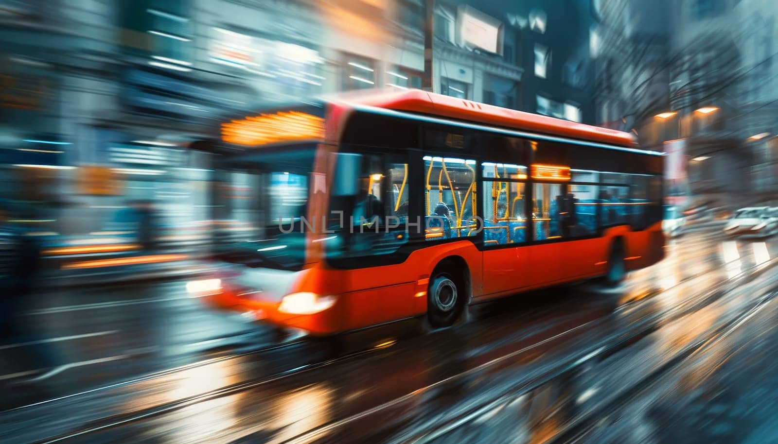 A bus is driving down a street with a red and white sign on the side by AI generated image.