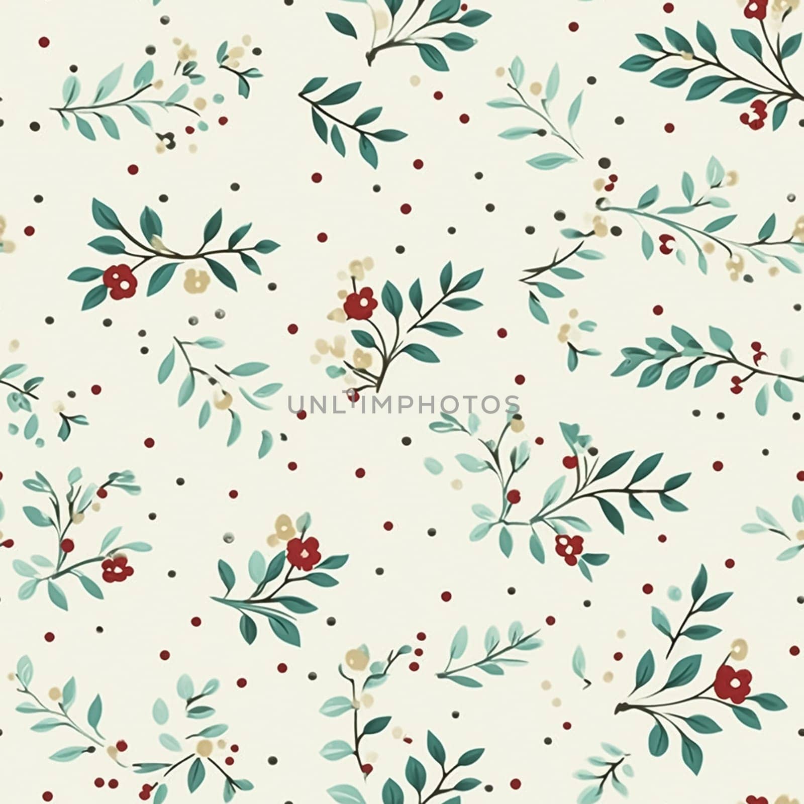 Seamless holiday pattern, tileable botanical English holly, winterberry Christmas branch country print for wallpaper, wrapping paper, scrapbook, fabric and product design by Anneleven