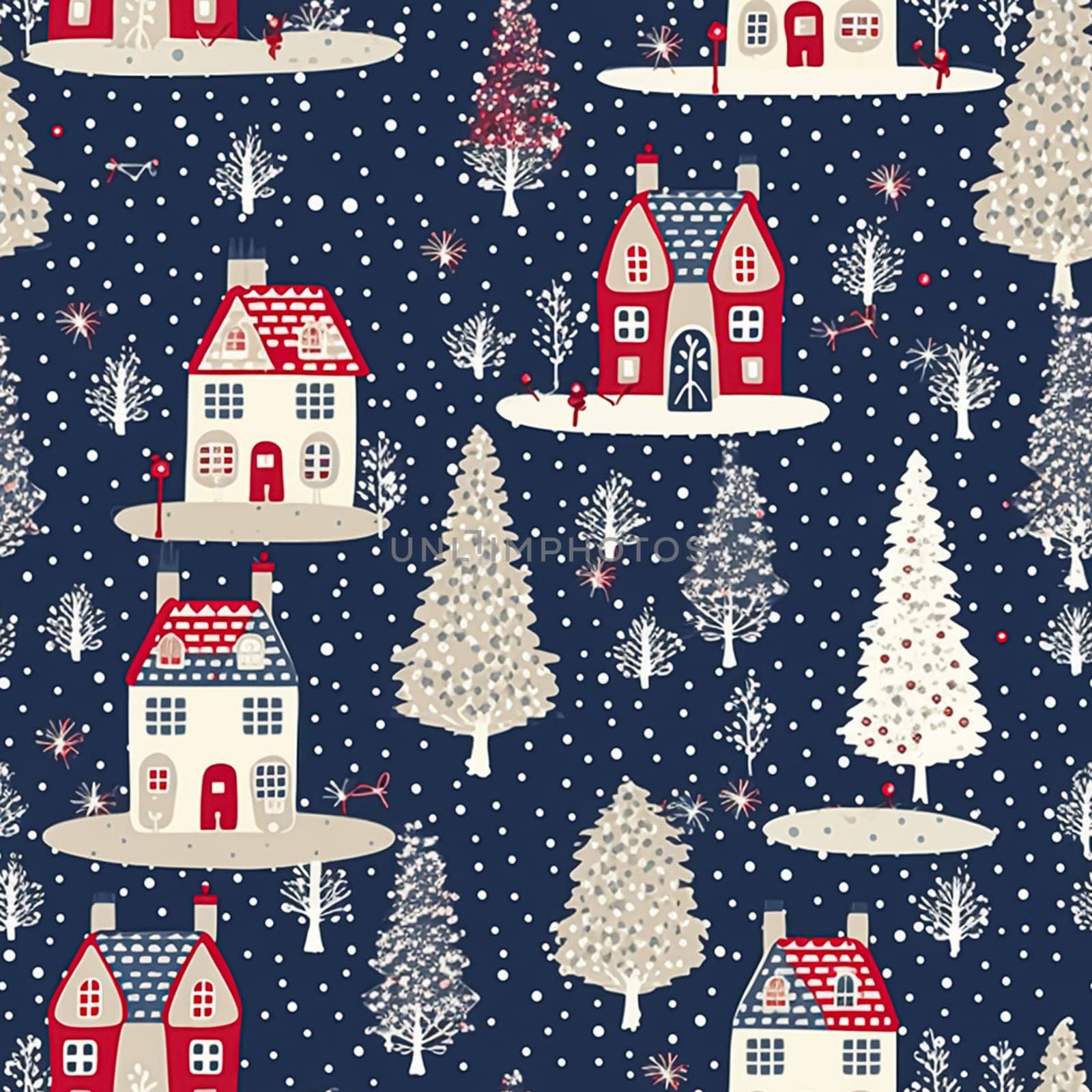Seamless pattern, tileable Christmas holiday night country snow dots print, English countryside cottage for wallpaper, wrapping paper, scrapbook, fabric and product design by Anneleven