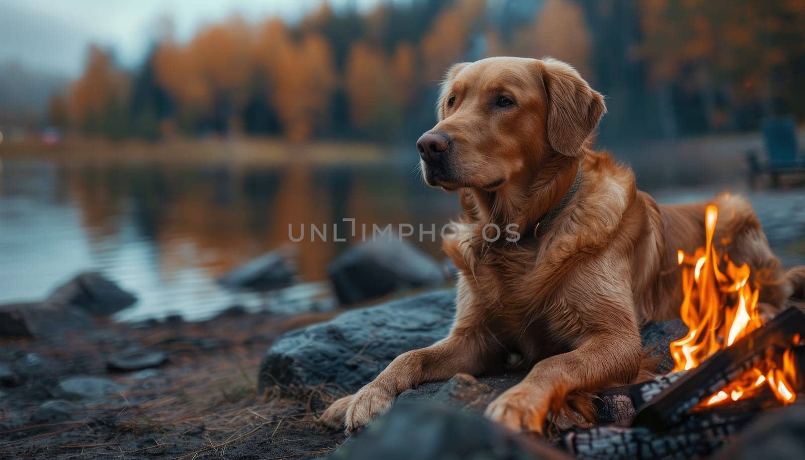 A dog is laying on the ground next to a fire by AI generated image.