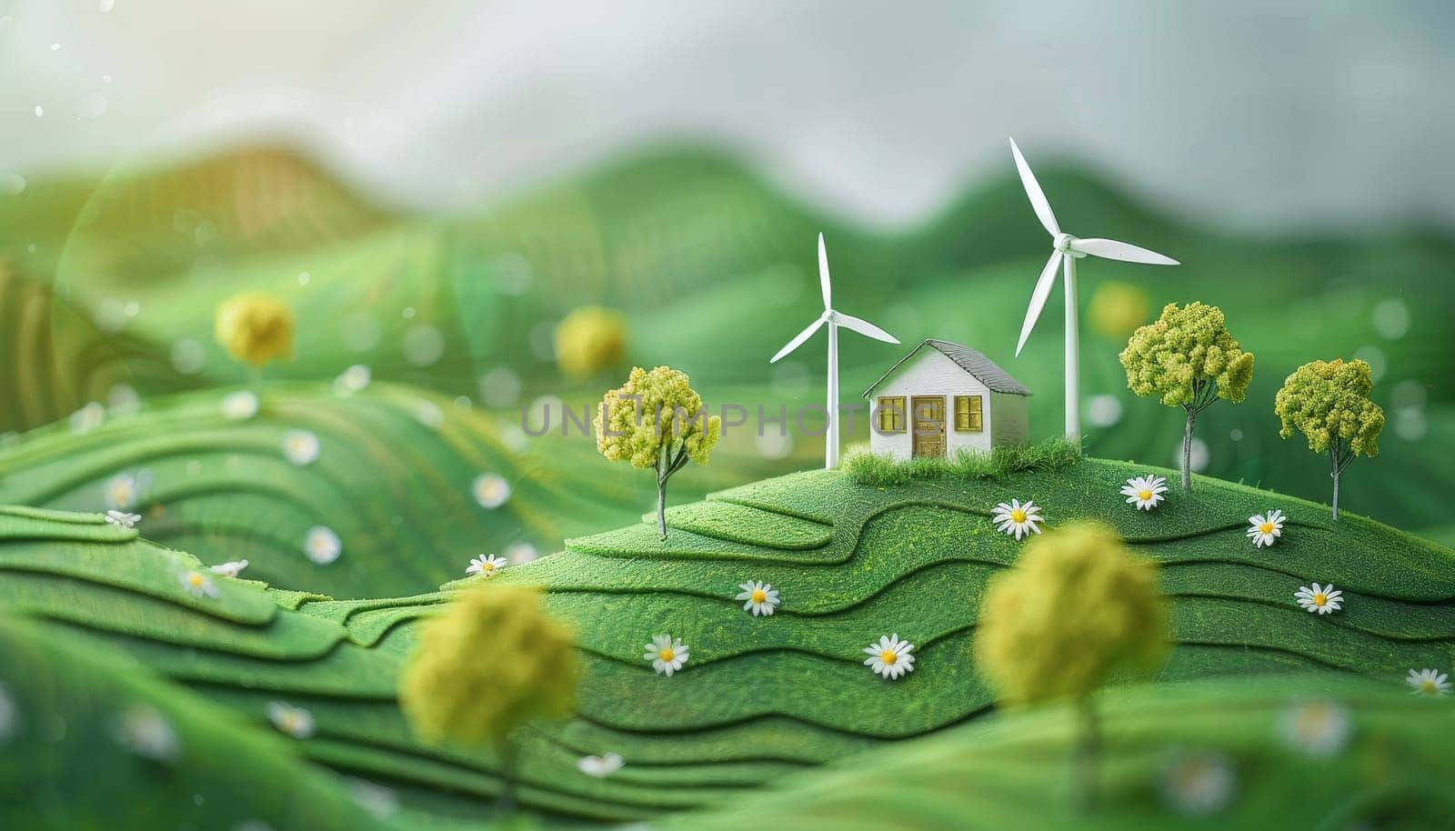 A small house is on a hill with two windmills in the background by AI generated image.