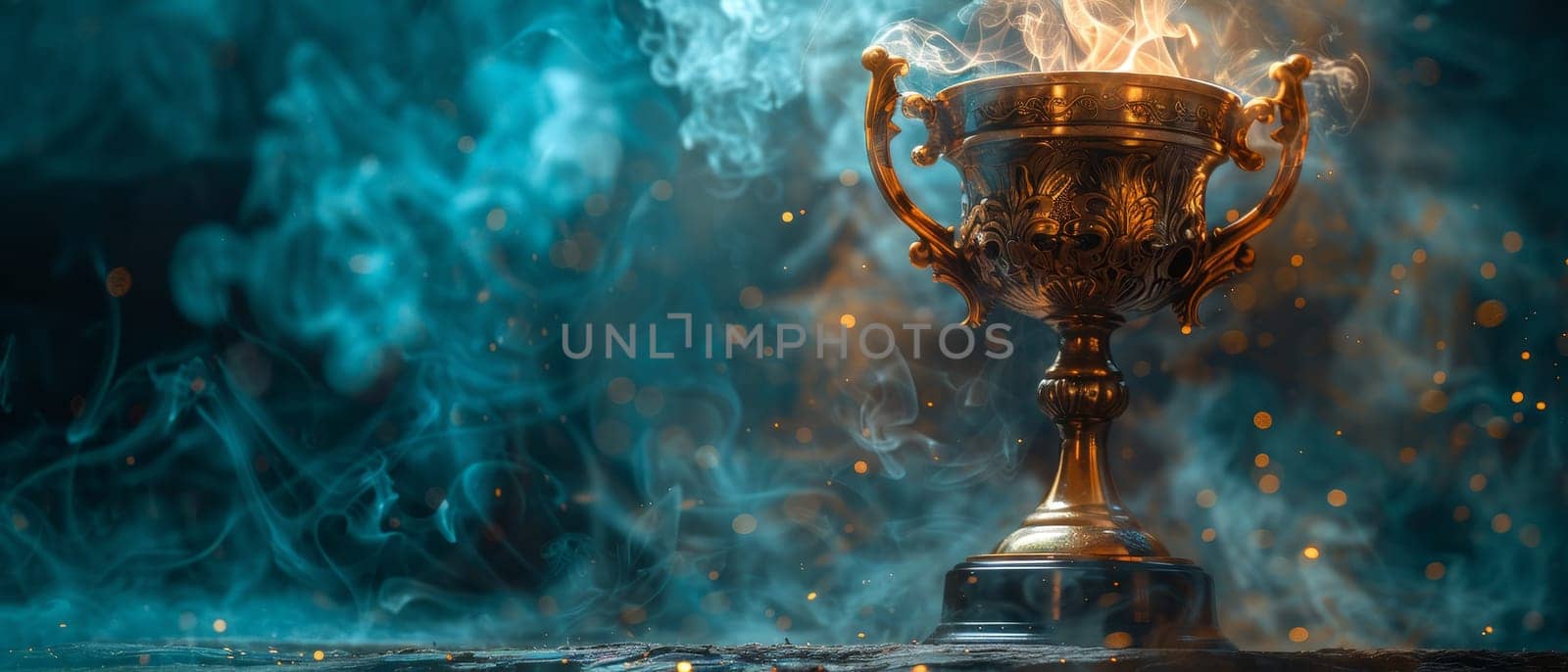 A gold cup with smoke coming out of it by AI generated image by wichayada