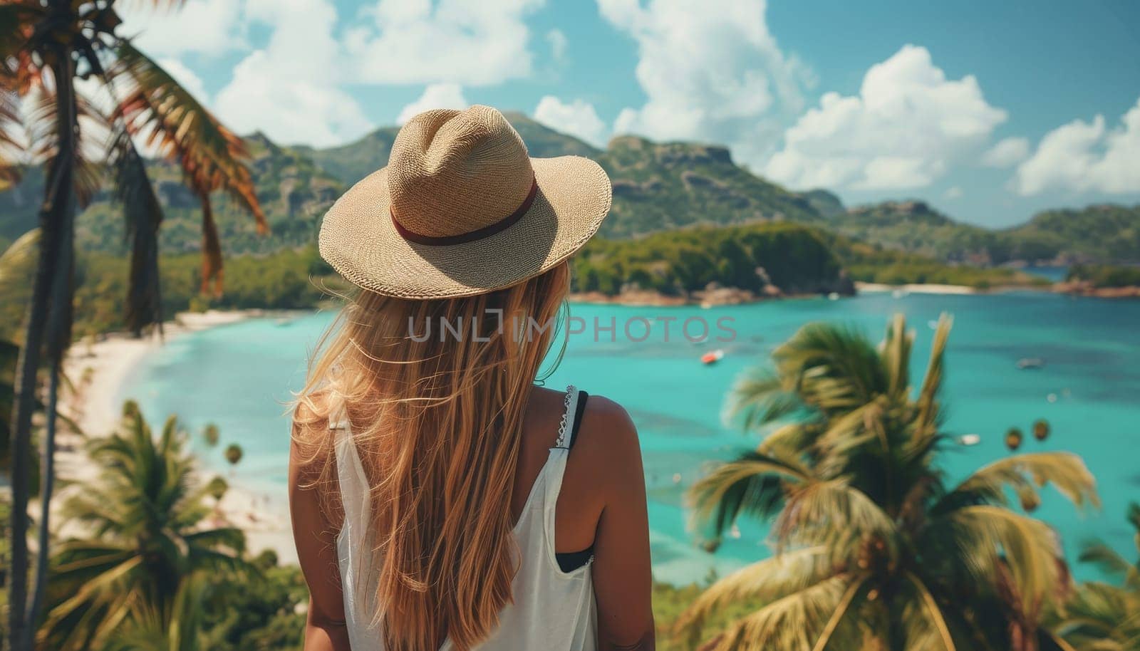 A woman wearing a straw hat is standing in front of a palm tree by AI generated image.