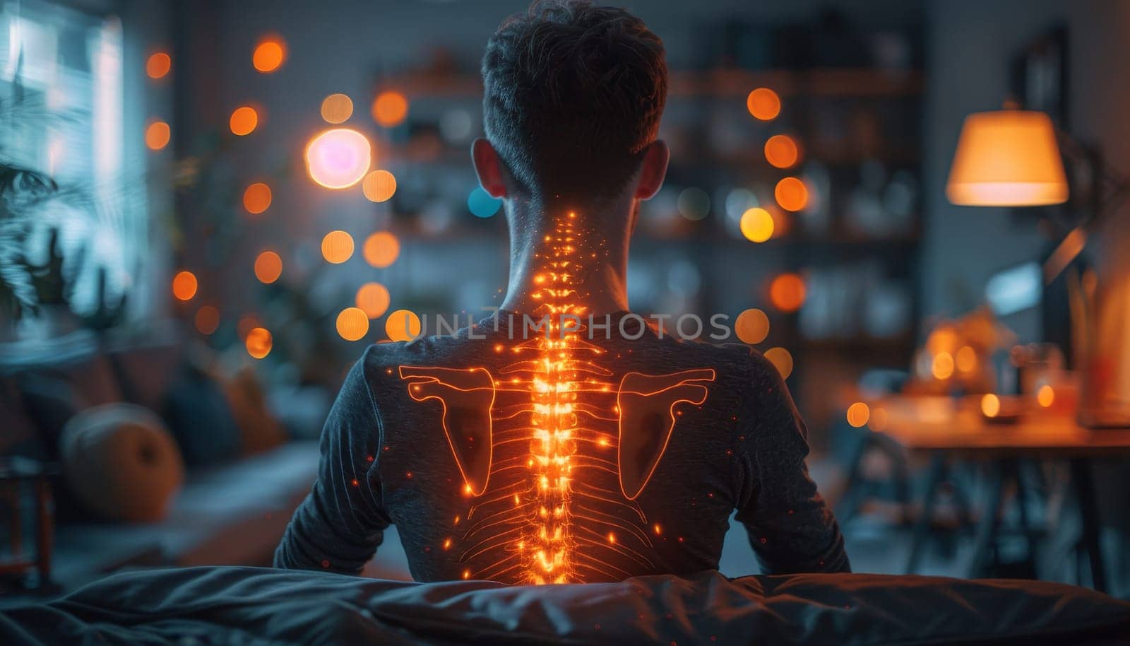 A man's neck is glowing red and the image has a futuristic, sci-fi feel to it by AI generated image.