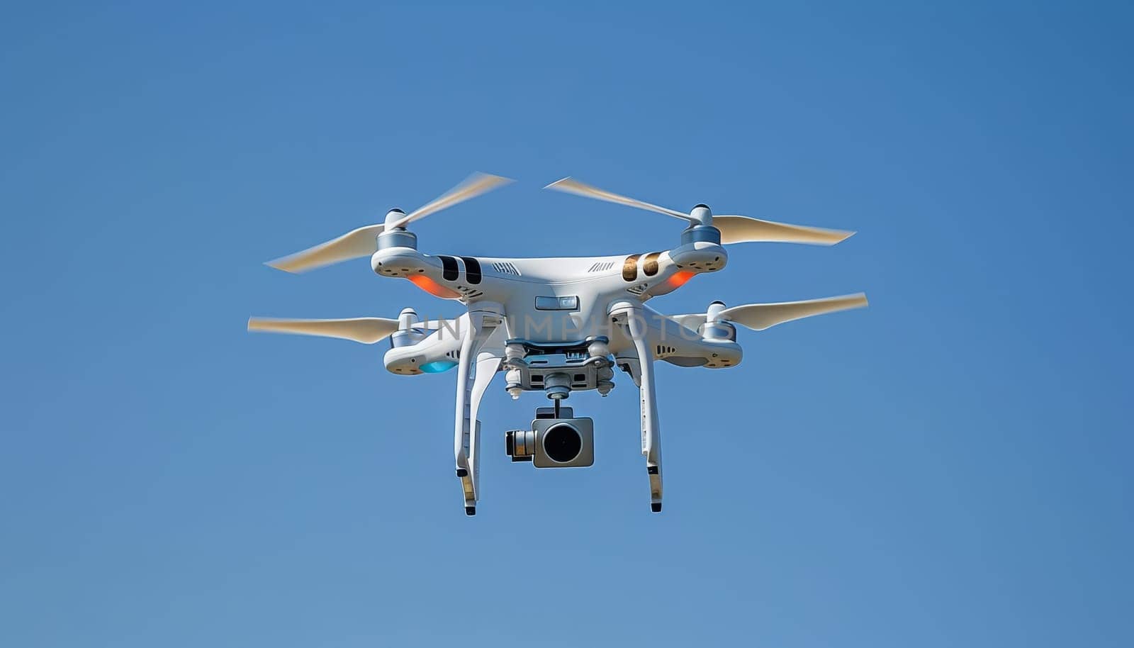 A white drone is flying in the sky by AI generated image.