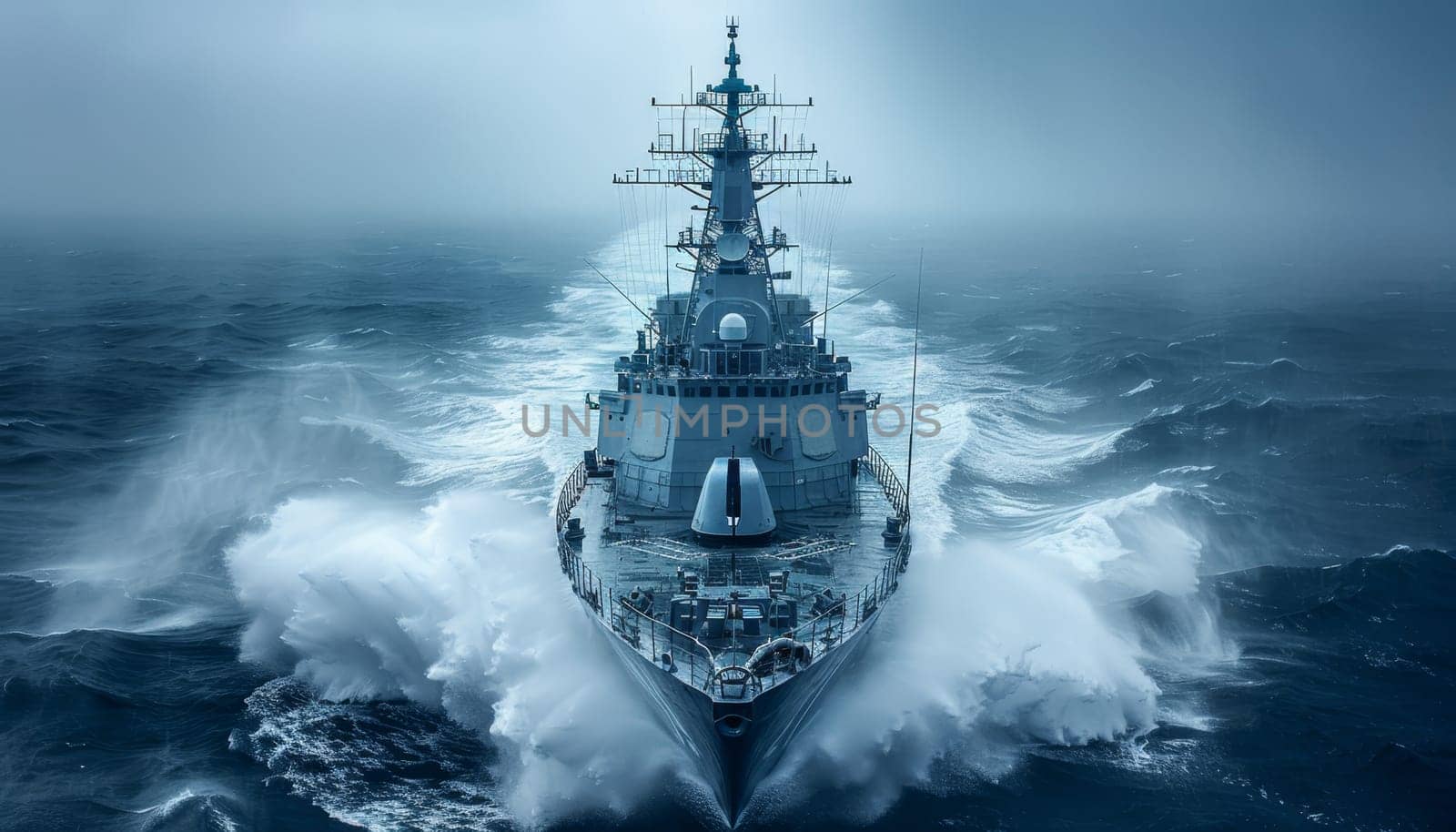 A large navy ship is sailing through rough waters by AI generated image.