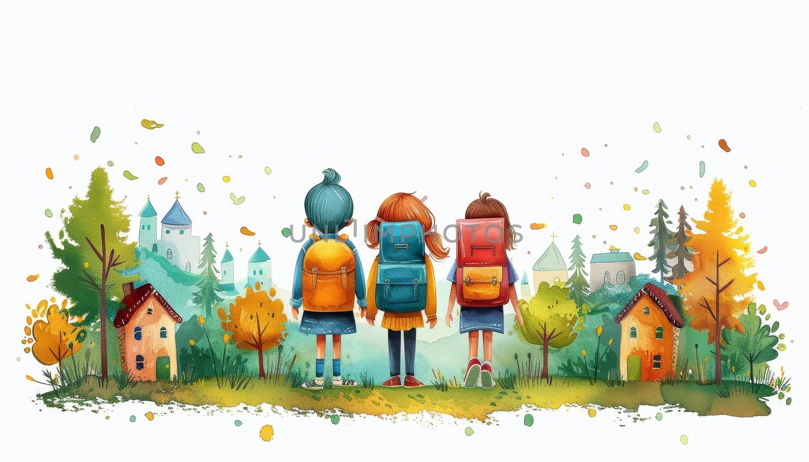 Three girls are standing in a field with backpacks by AI generated image by wichayada