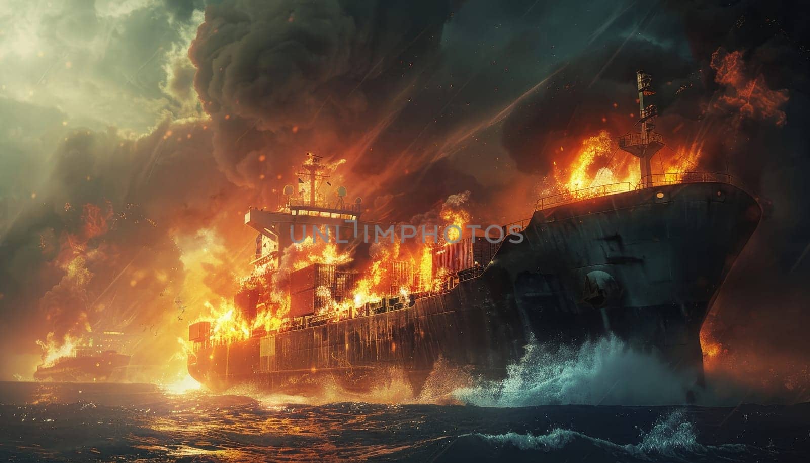 A ship is on fire in the ocean by AI generated image.