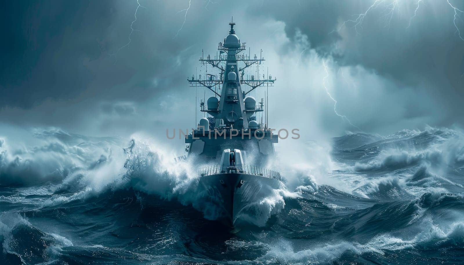 A large navy ship is sailing through rough waters by AI generated image.