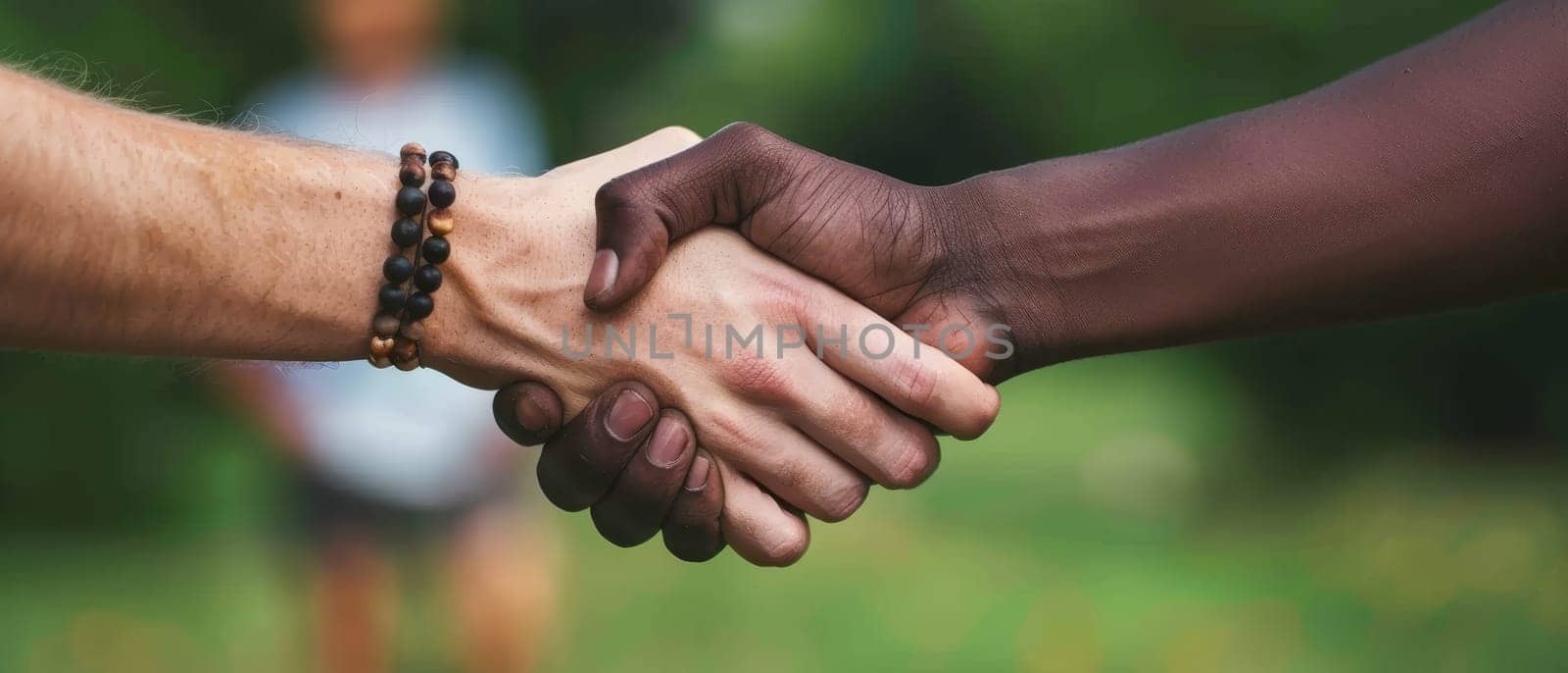 Two hands shaking hands, one white and one black by AI generated image by wichayada