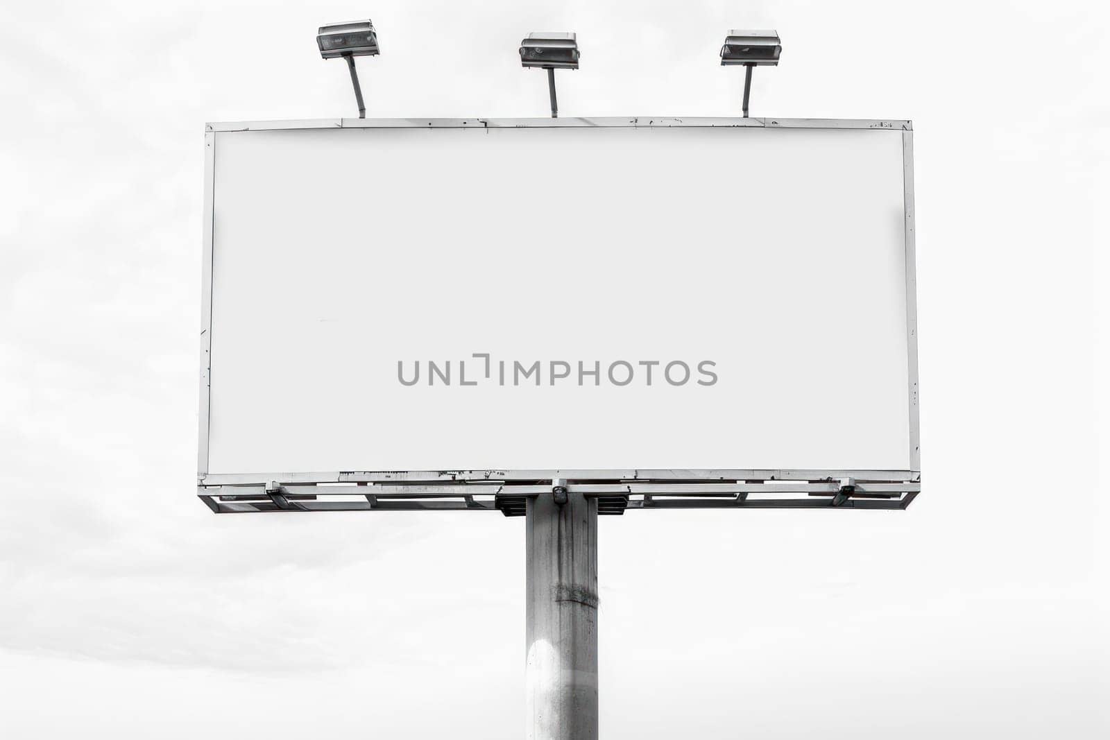 blank white billboard with lithts on white background.