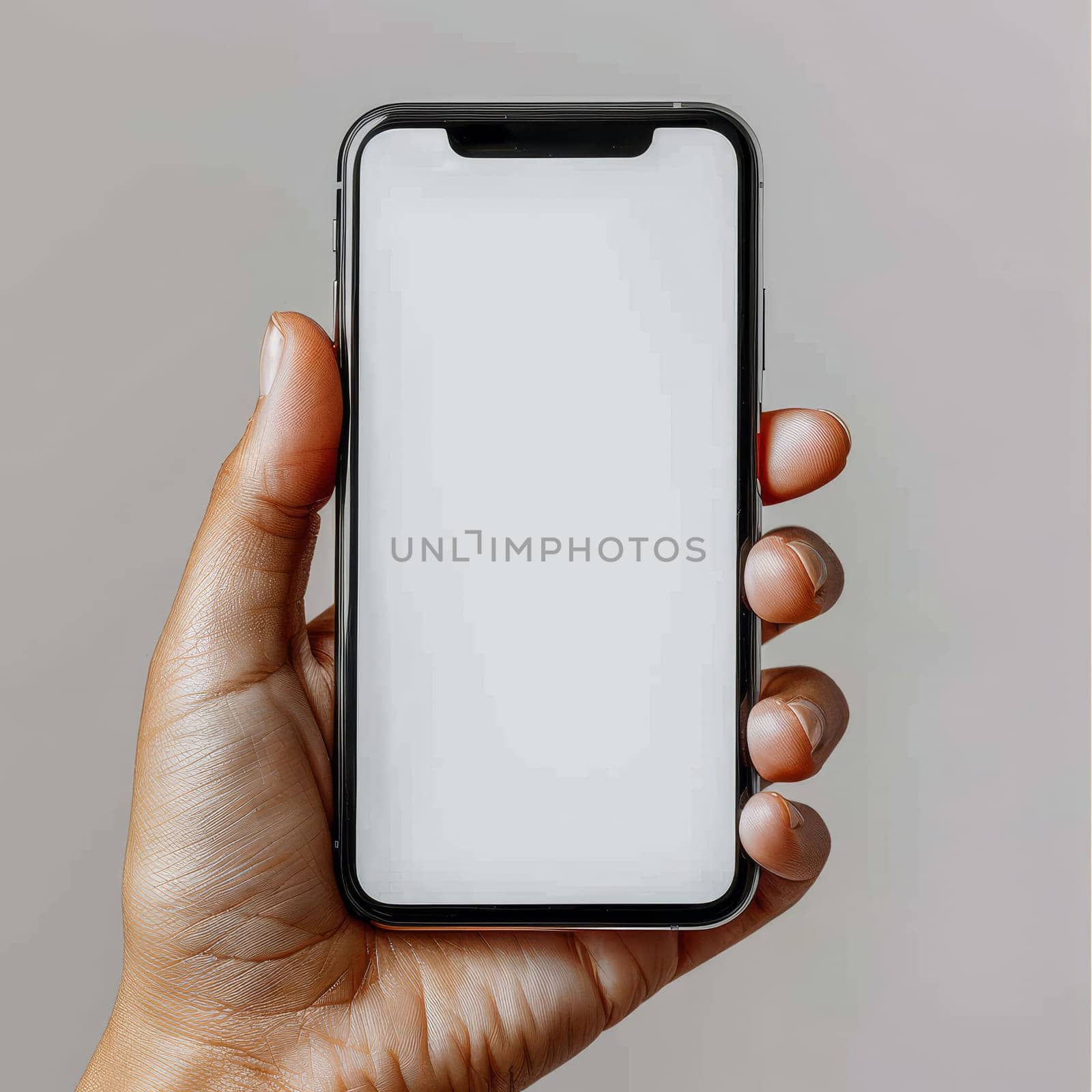 A hand holding a phone with a white screen by AI generated image.