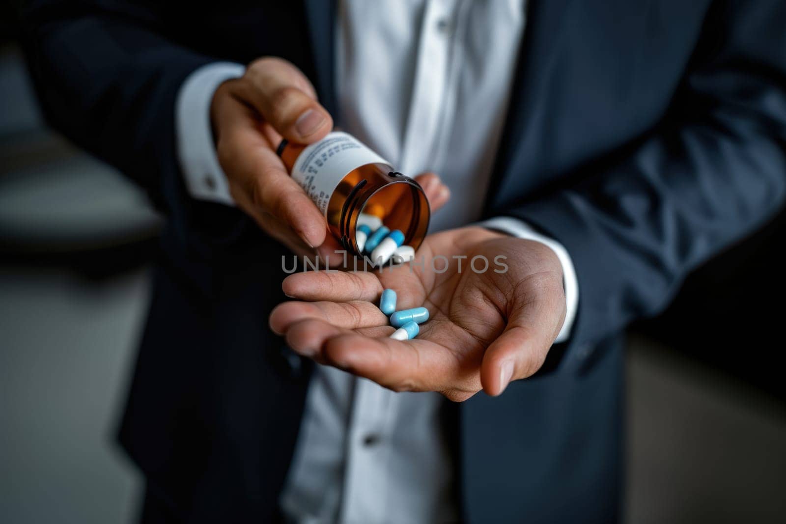 A man is holding a bottle of pills and a handful of pills in his hand.